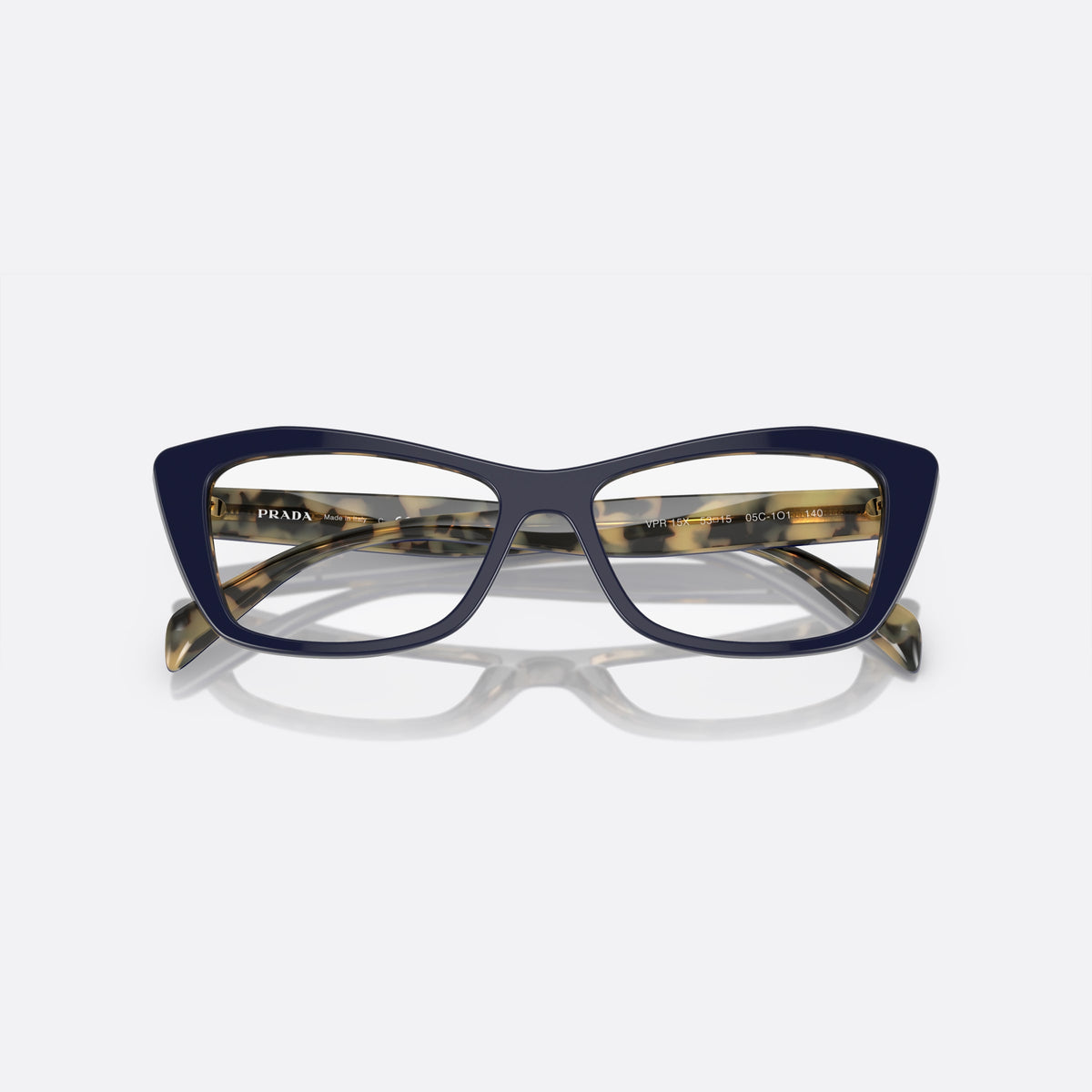 Rame ochelari de vedere Prada PR 15XV 05C1O1, cat eye albastru, pentru femei, literele brandului pe brațe, brațe late, înguste spre capăt, cu brațele pliate