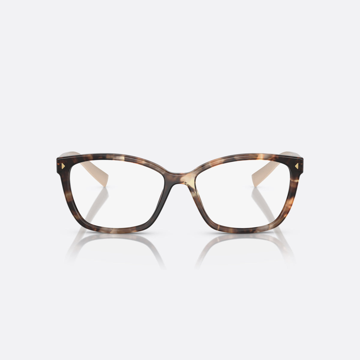 Prada PR 15ZV 07R-1O1 B eyeglasses, havana geometric frame for women, plain double bridge, brand lettering on temples, front view