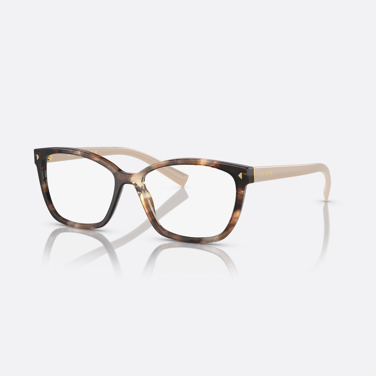 Prada PR 15ZV 07R-1O1 B eyeglasses, havana geometric frame for women, keyhole bridge, brand lettering on temples, gold-tone hinges