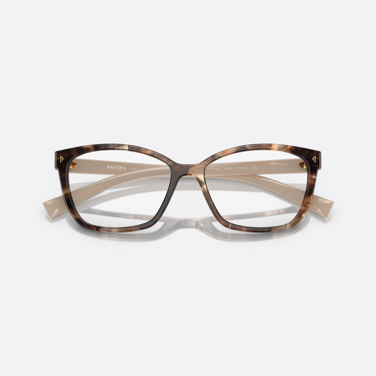 Prada PR 15ZV 07R-1O1 B eyeglasses, havana geometric frame for women, keyhole bridge, brand lettering on temples, gold-tone hinges, folded