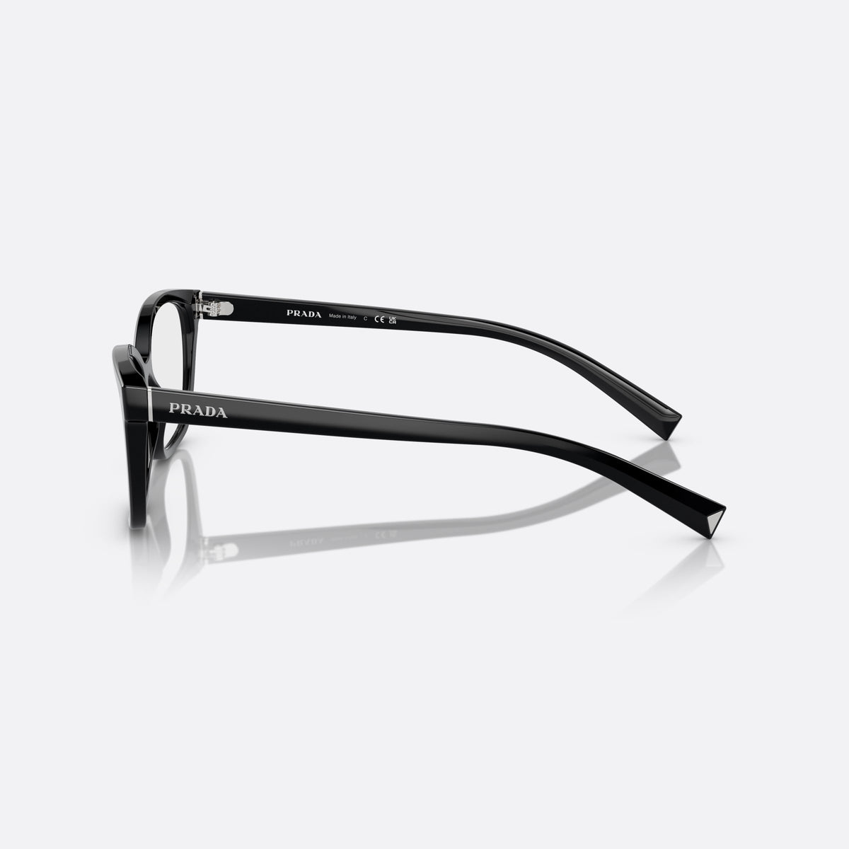 Prada PR 15ZV 1AB-1O1 eyeglasses, black geometric frame for women, keyhole bridge, brand lettering on temples, side view
