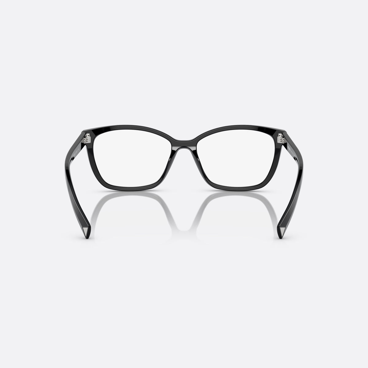Prada PR 15ZV 1AB-1O1 eyeglasses, black geometric frame for women, keyhole bridge, brand lettering on temples, back view
