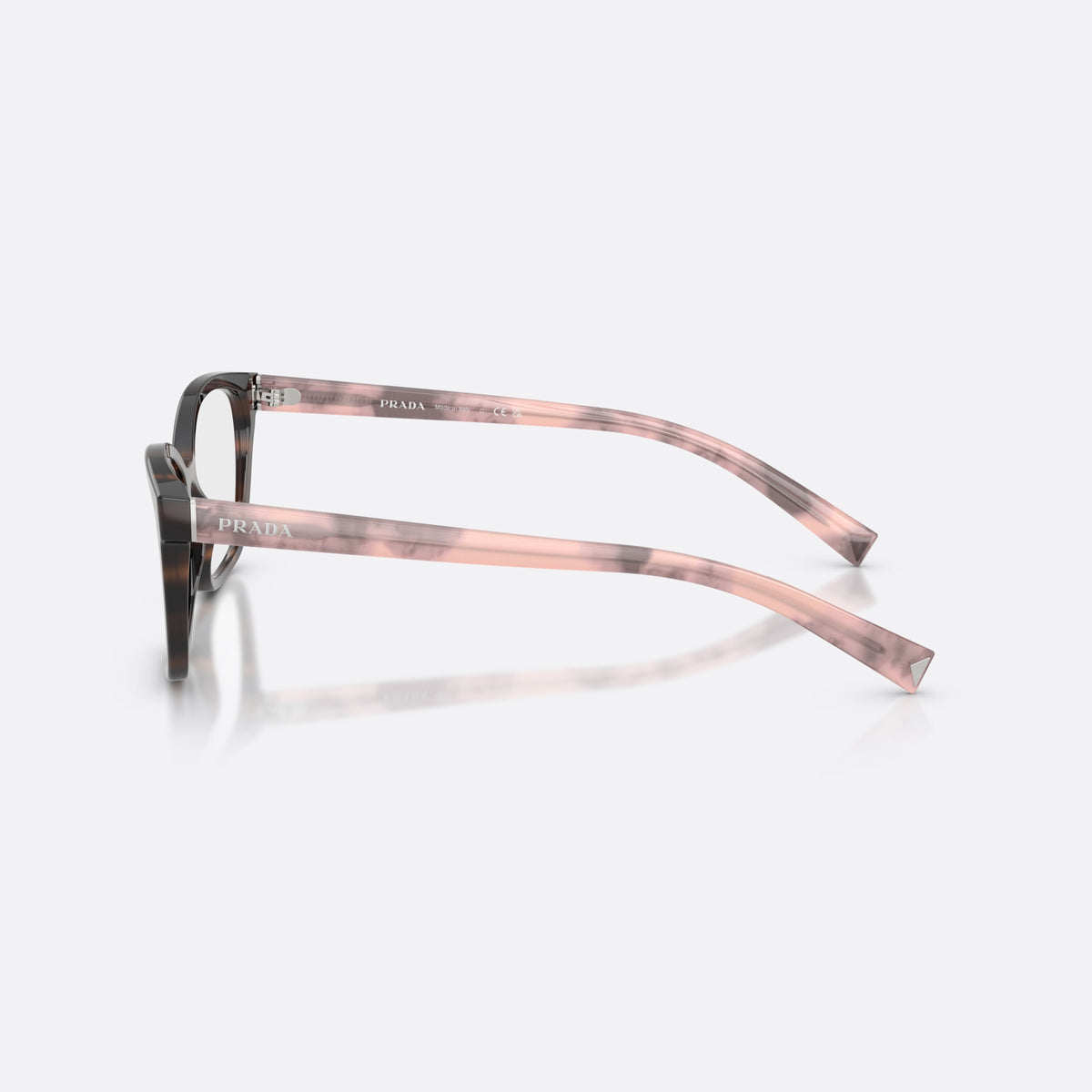 Prada PR 15ZV 23A1O1 eyeglasses, havana rectangle frame for women, plain bridge, saddle-shaped, brand lettering on the temples, side view