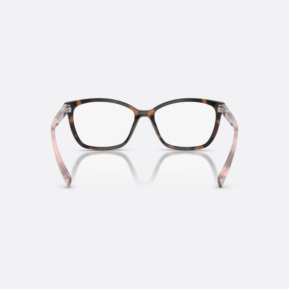 Prada PR 15ZV 23A1O1 eyeglasses, havana rectangle frame for women, plain bridge, saddle-shaped, brand lettering on the temples, back view