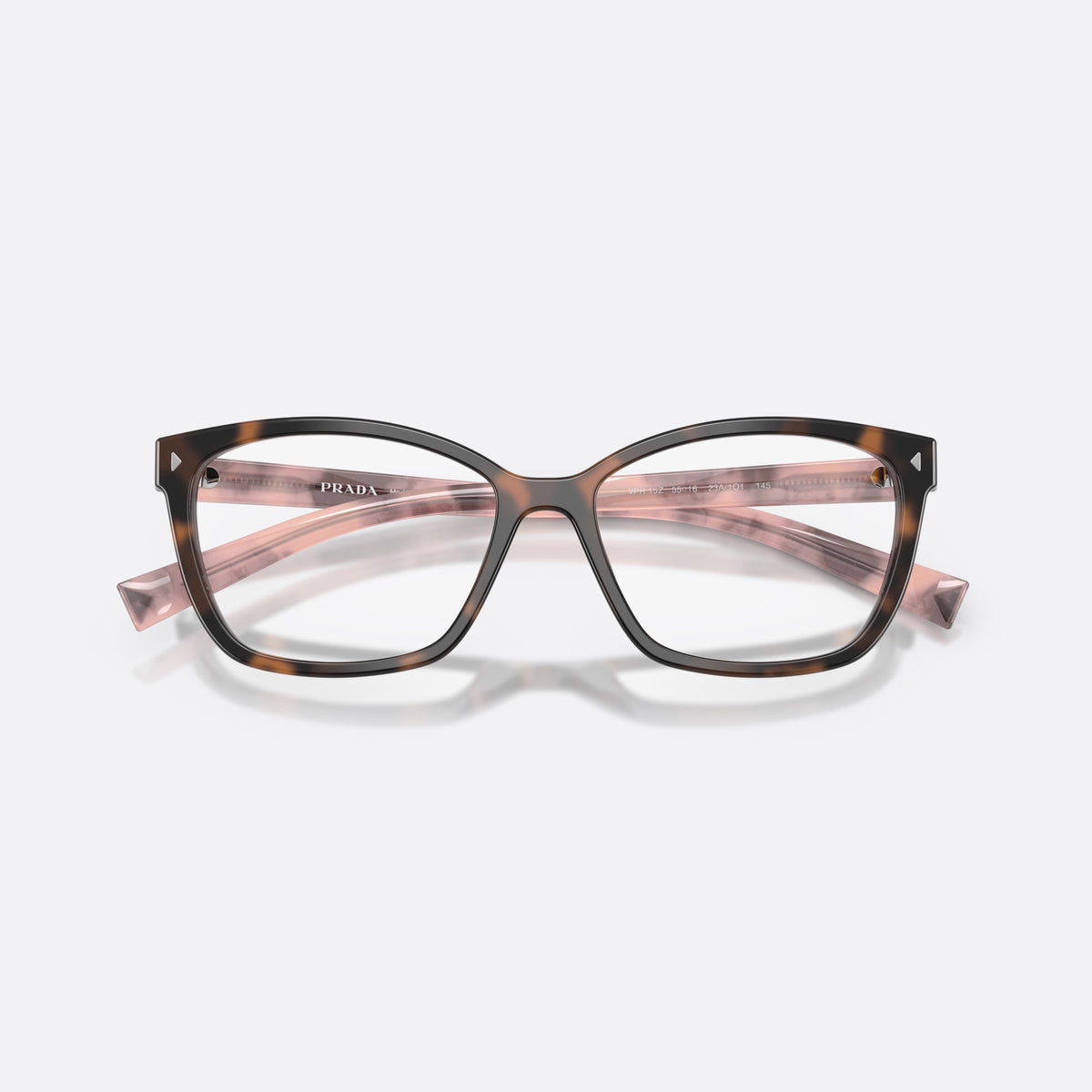 Prada PR 15ZV 23A1O1 eyeglasses, havana rectangle frame for women, plain bridge, saddle-shaped, brand lettering on the temples, folded