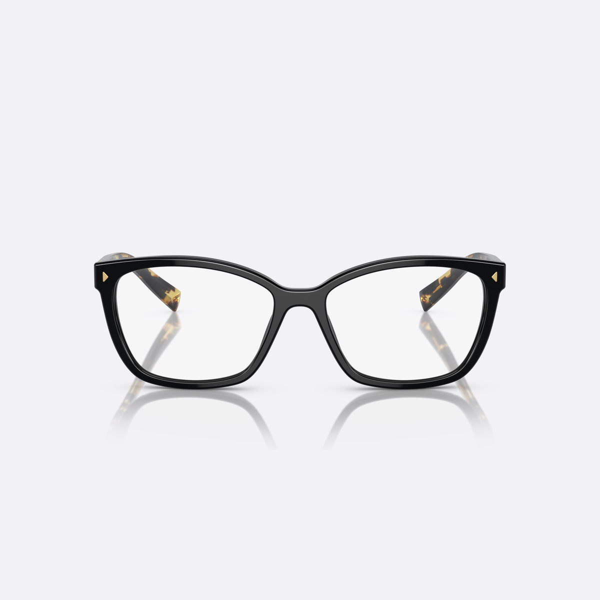 Prada PR 15ZV 389-1O1 eyeglasses, black geometric frame for women, plain double bridge, brand lettering on temples, front view