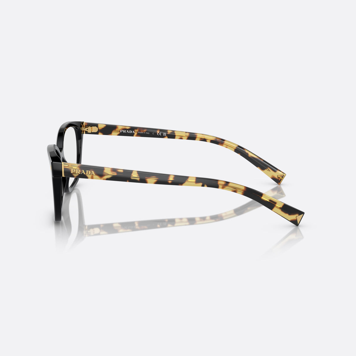 Prada PR 15ZV 389-1O1 eyeglasses, black geometric frame for women, plain double bridge, brand lettering on temples, side view