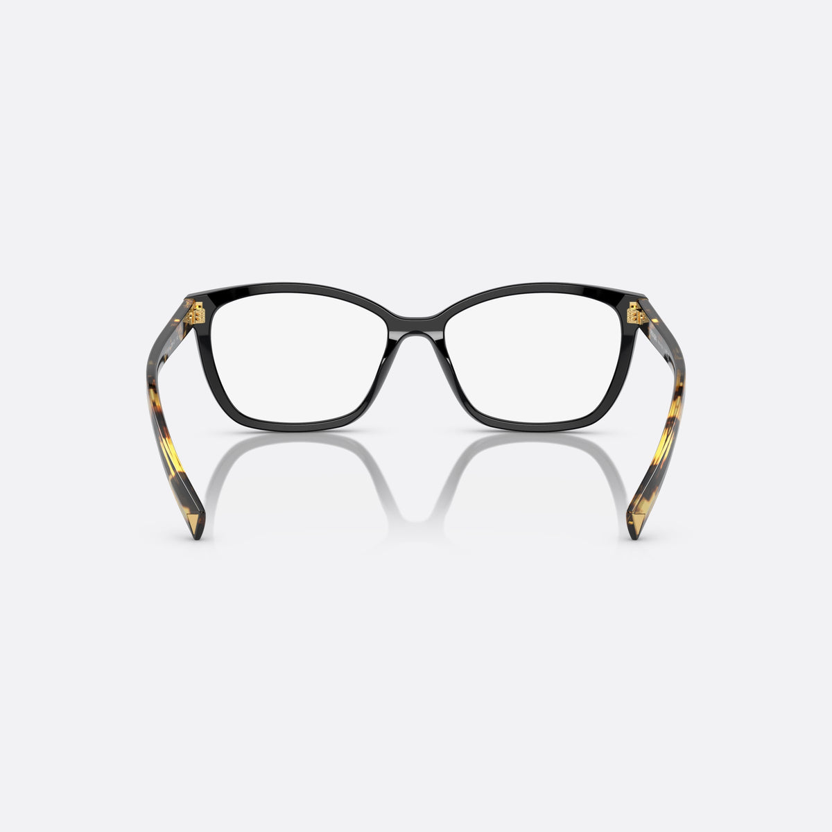 Prada PR 15ZV 389-1O1 eyeglasses, black geometric frame for women, plain double bridge, brand lettering on temples, back view
