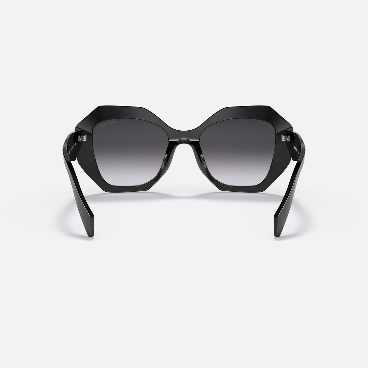 Prada PR 16WS 1AB-5D1 sunglasses, black irregular frame for women, plain bridge, integrated, brand lettering on temples, back view