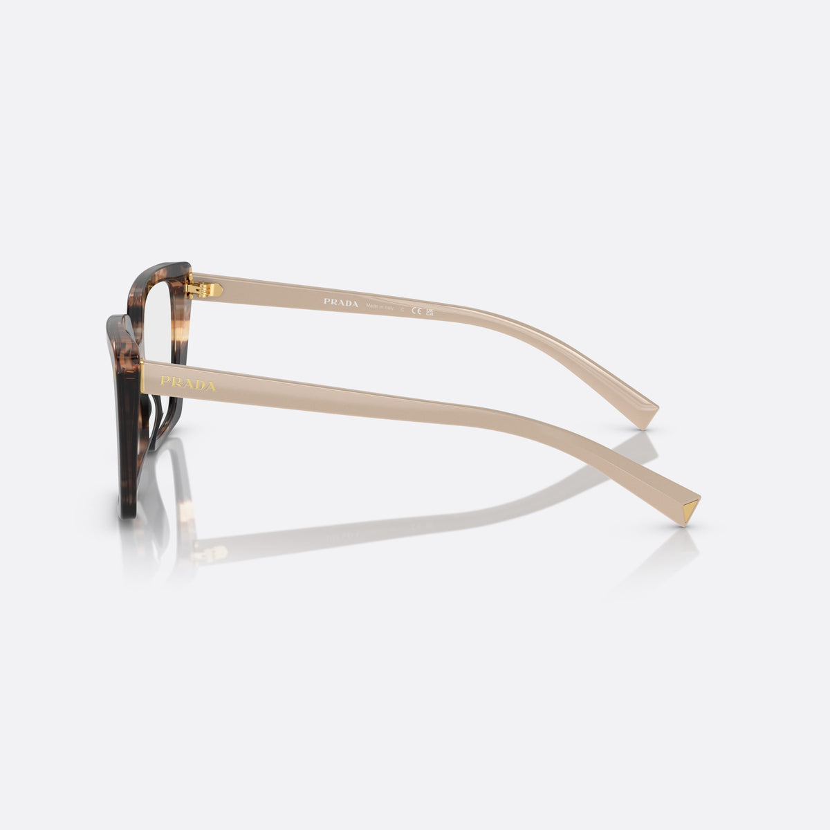 Rame ochelari de vedere Prada PR 16ZV 07R-1O1 C, fluture havana, pentru femei, punte keyhole, literele brandului pe brațe, ramă completă, vedere laterală
