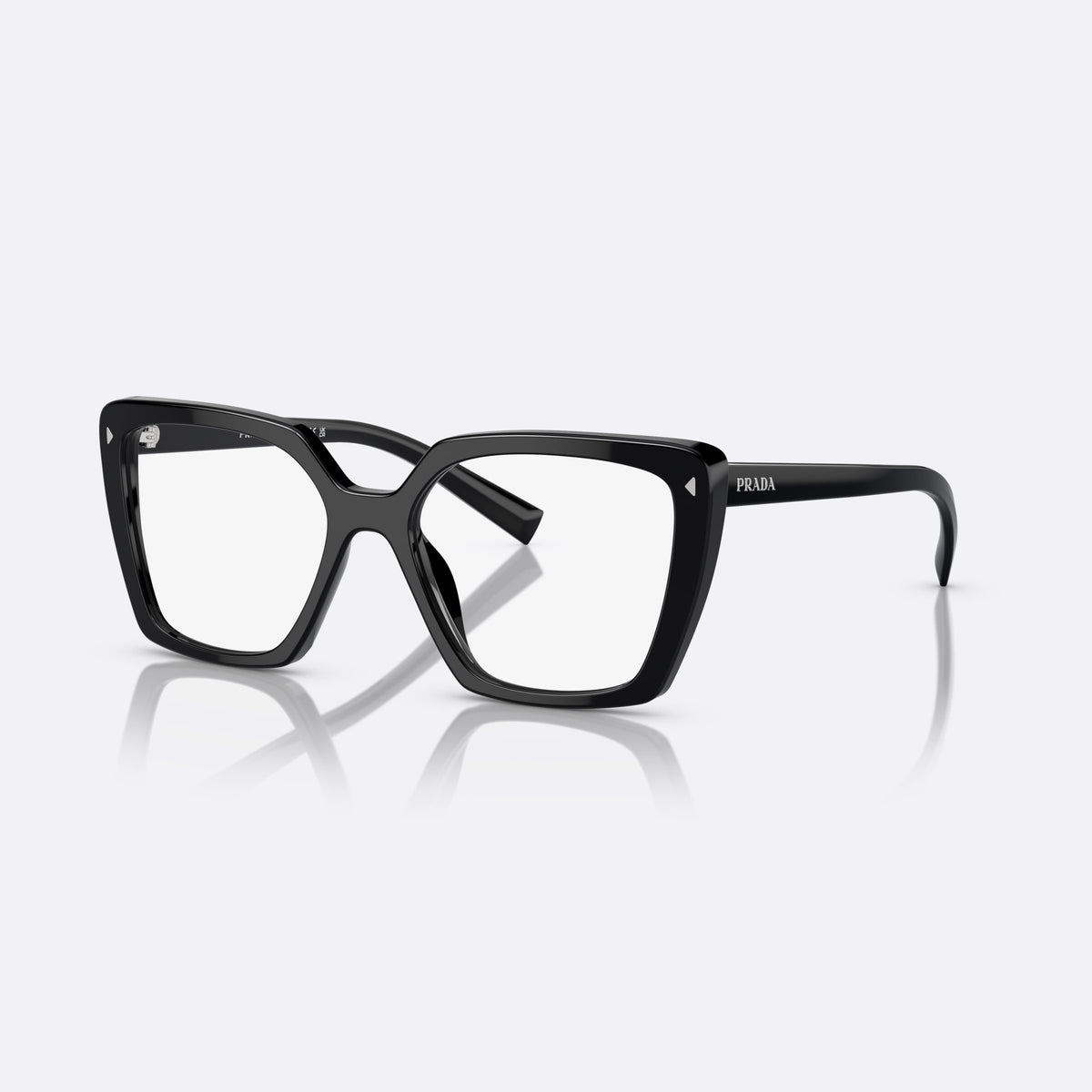 Prada PR 16ZV 1AB1O1 eyeglasses, black square frame for women, plain double bridge, brand lettering on temples