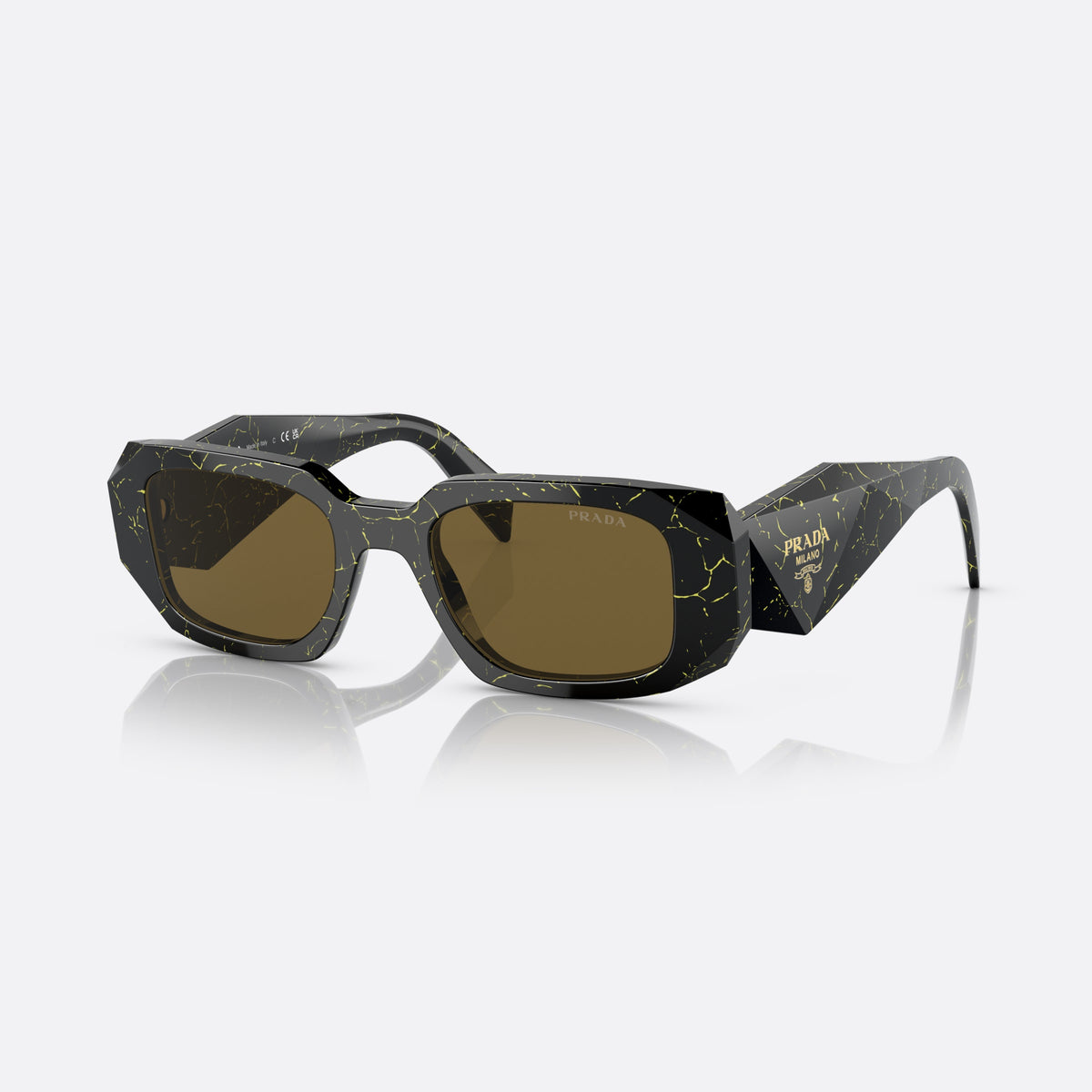 Prada PR 17WS 19D-01T sunglasses, black rectangle frame for women, plain bridge joining the front, brand lettering on the front