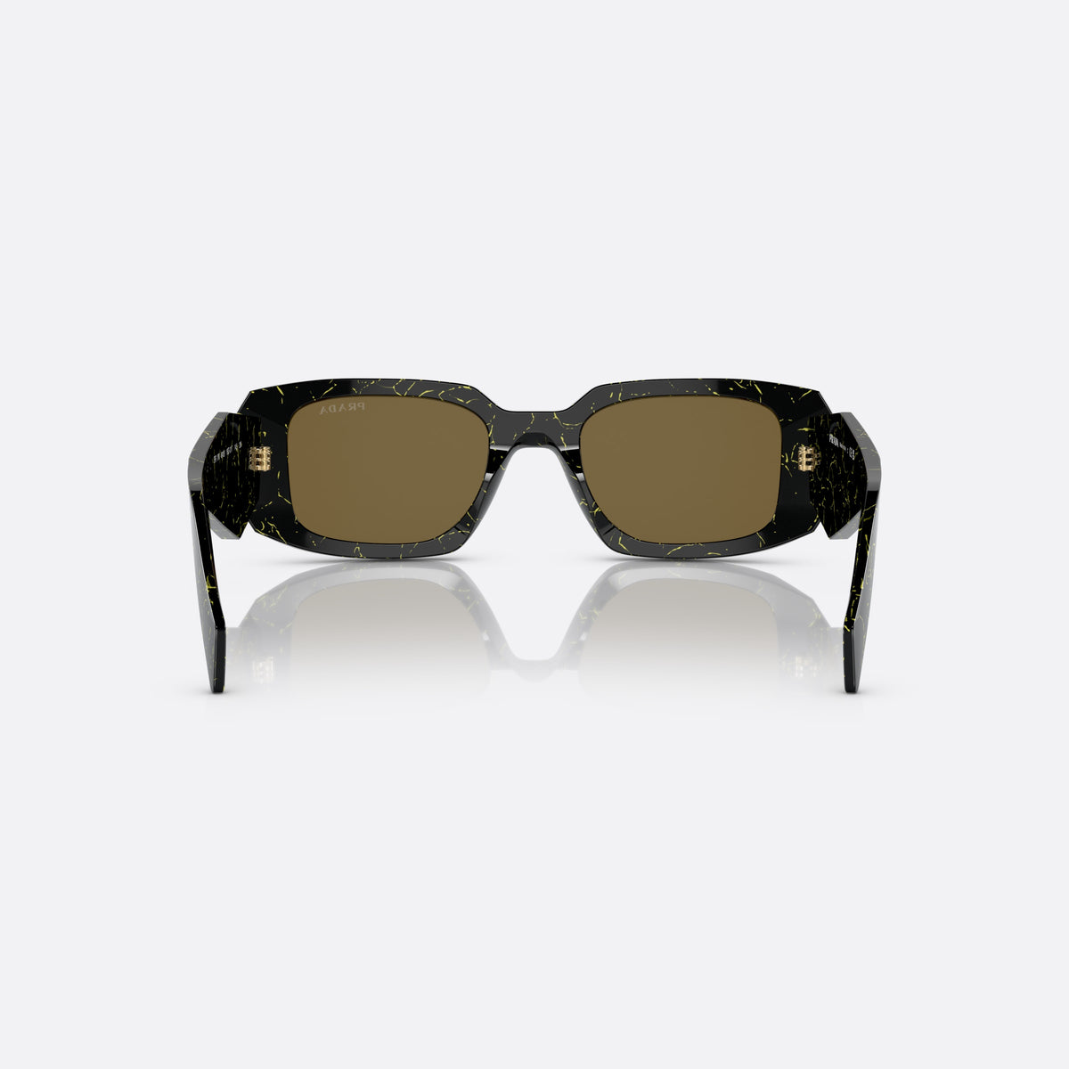 Prada PR 17WS 19D-01T sunglasses, black rectangle frame for women, plain bridge joining the front, brand lettering on the front, back view