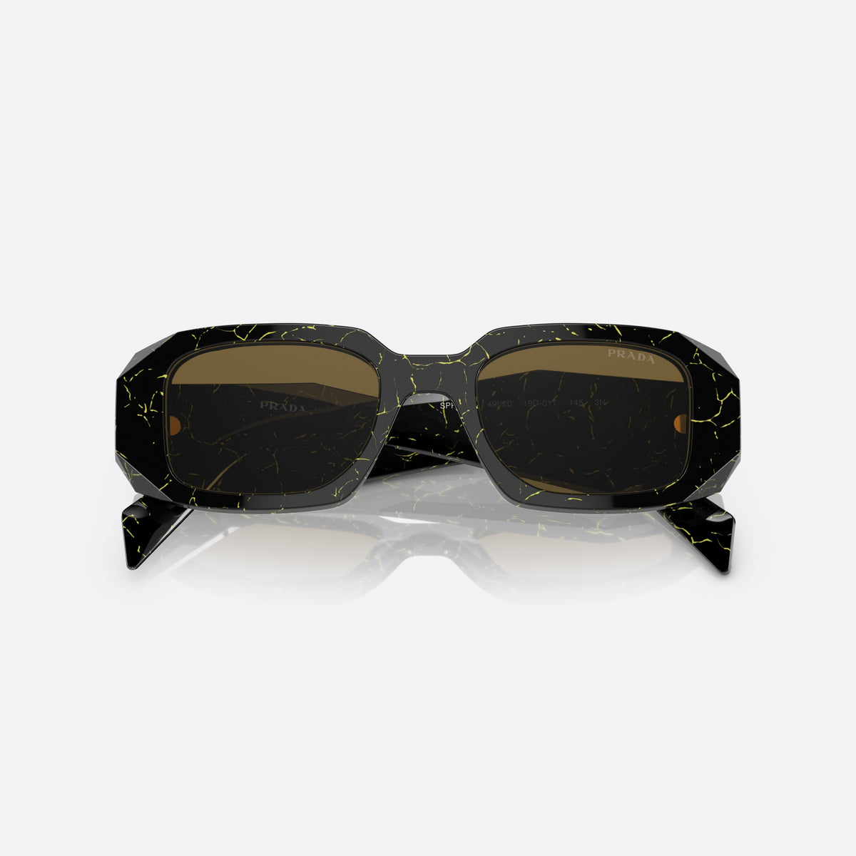 Prada PR 17WS 19D-01T sunglasses, black rectangle frame for women, plain bridge joining the front, brand lettering on the front, folded