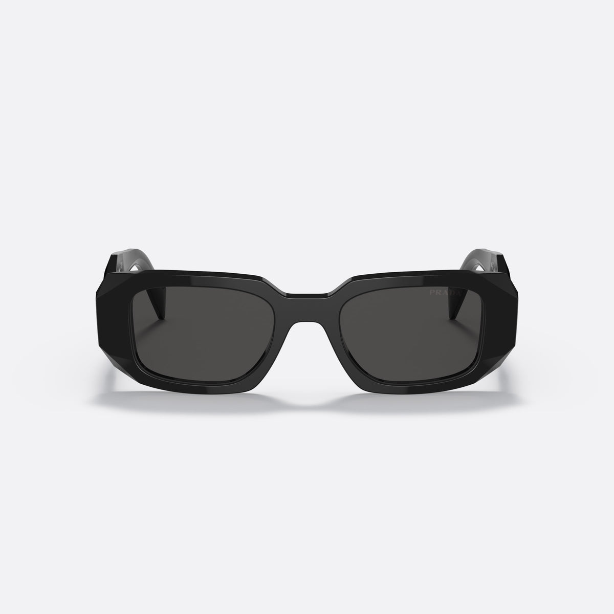 Prada PR 17WS 1AB-5S0 sunglasses, black rectangle frame, unisex, plain bridge, brand lettering on temples, plaque on temples, front view