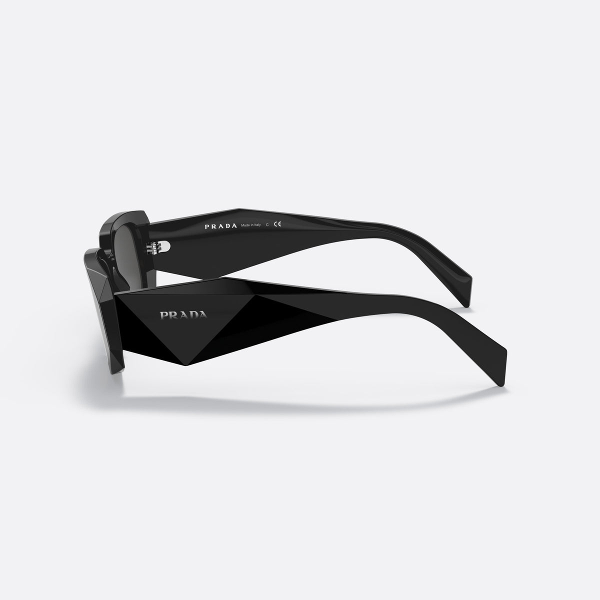 Prada PR 17WS 1AB-5S0 sunglasses, black rectangle frame, unisex, plain bridge, brand lettering on temples, plaque on temples, side view