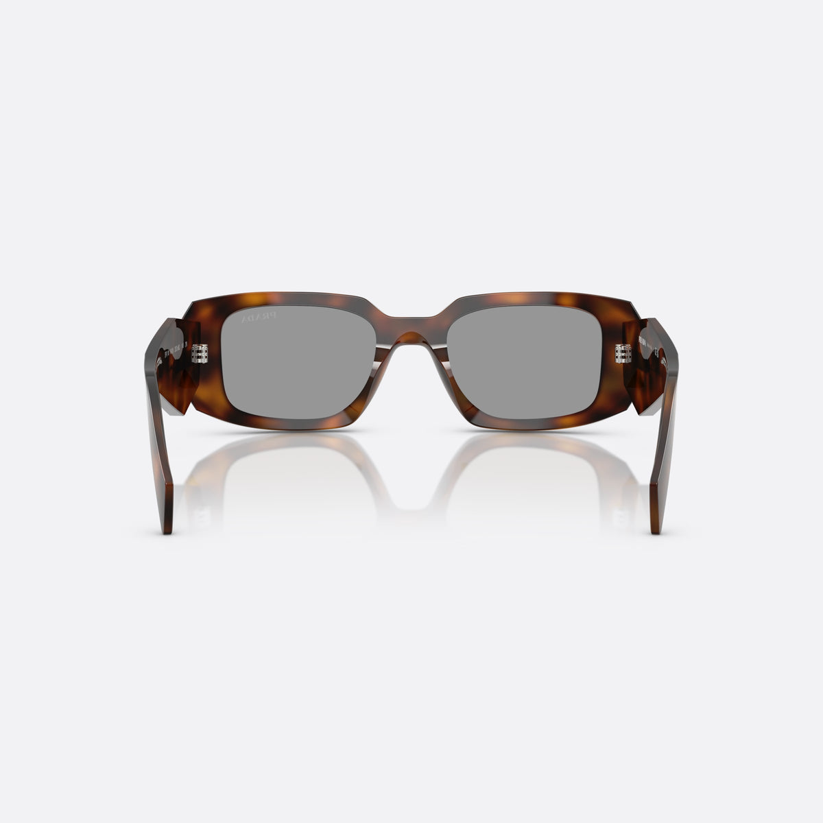 Prada PR 17WS 20D50Q sunglasses, havana rectangle frame for women, plain integrated bridge, brand lettering on temples, back view