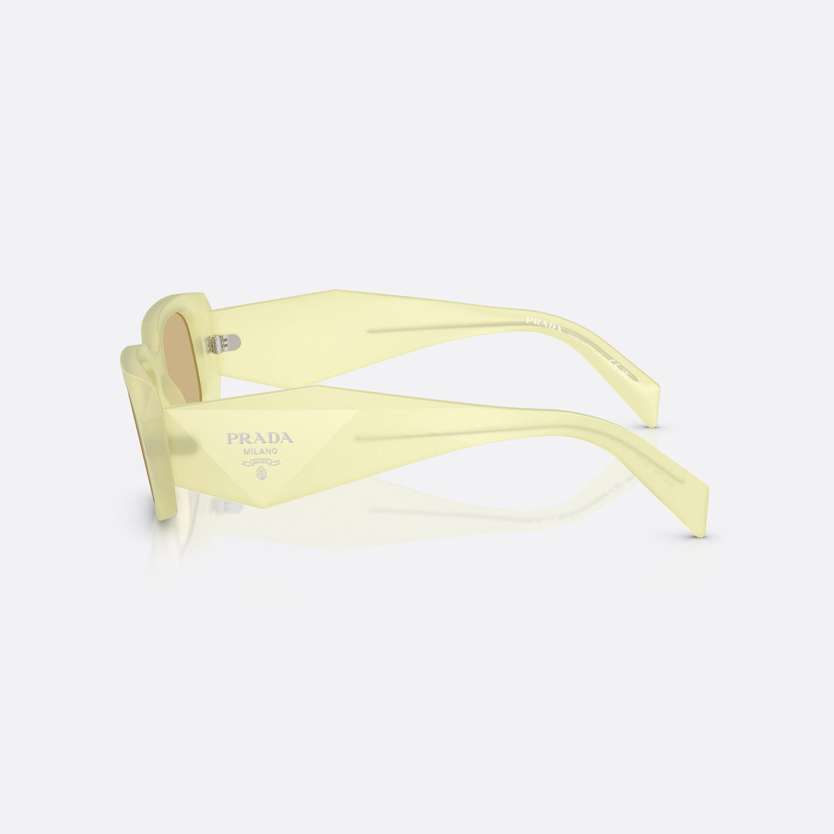 Prada PR 17WS 21G10R sunglasses, yellow rectangle frame for women, plain bridge, brand logo plaque on temple, full-rim frame, side view