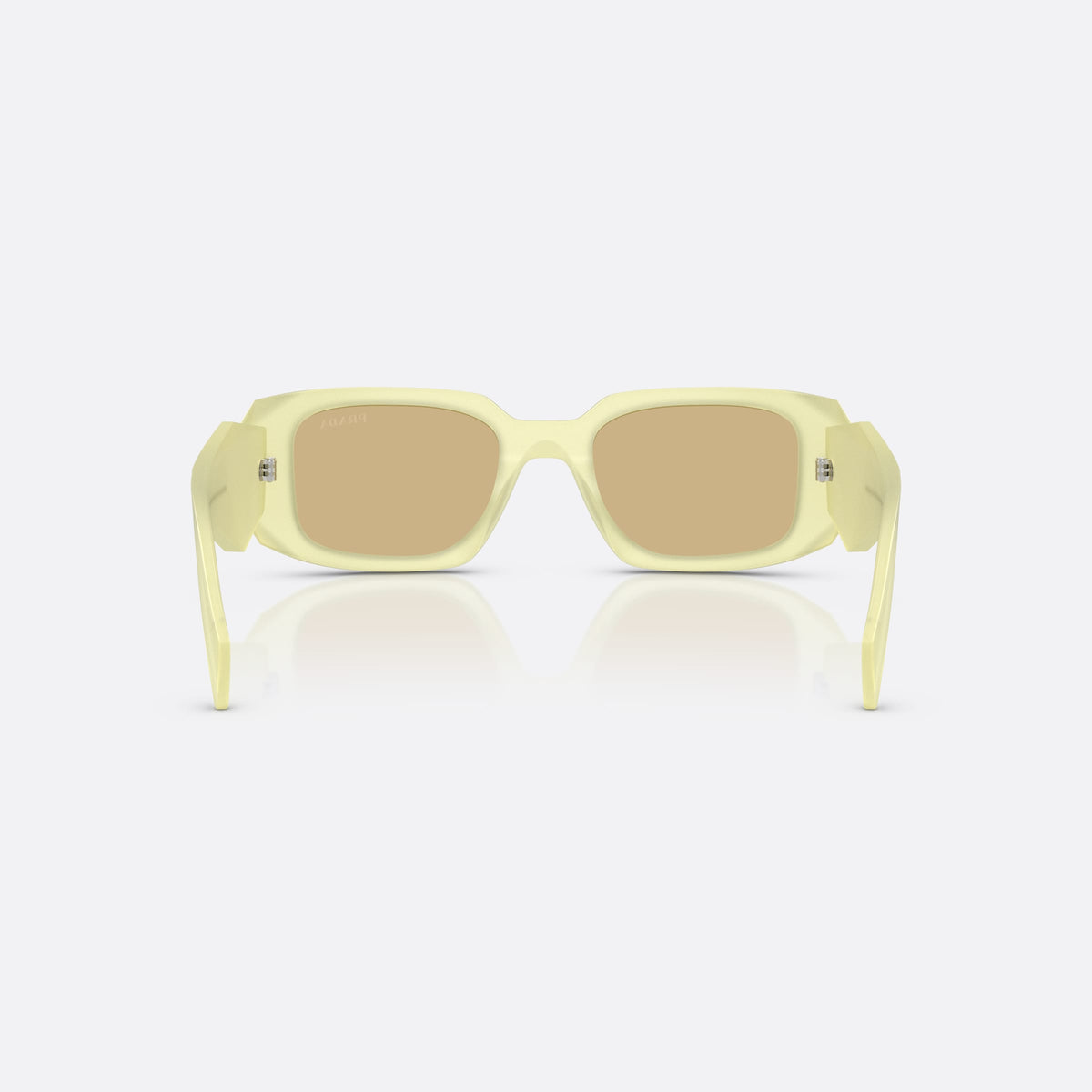 Prada PR 17WS 21G10R sunglasses, yellow rectangle frame for women, plain bridge, brand logo plaque on temple, full-rim frame, back view