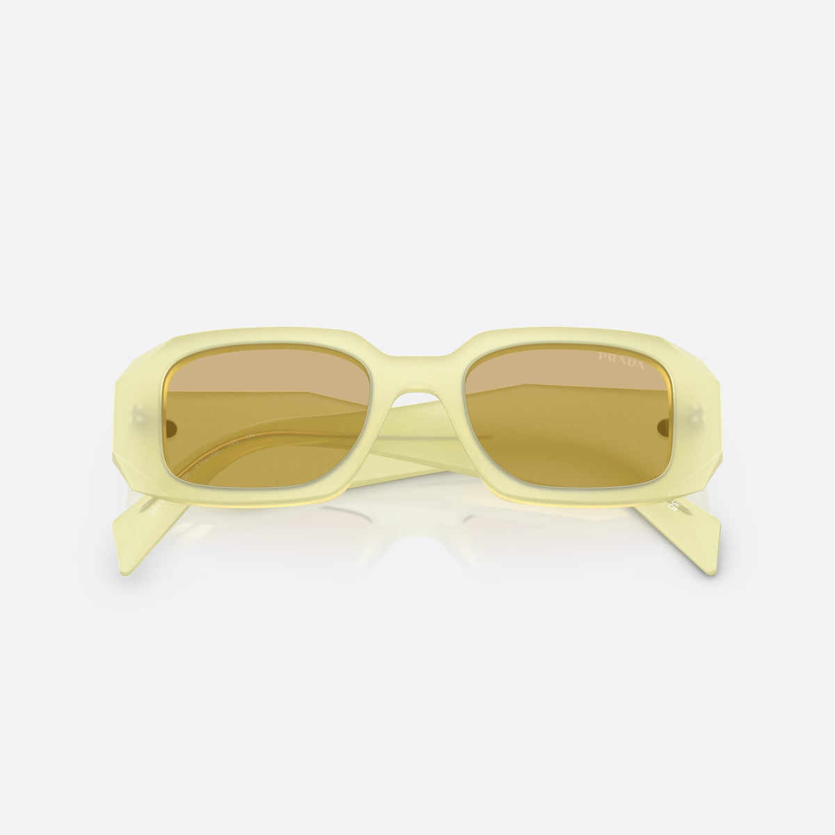 Prada PR 17WS 21G10R sunglasses, yellow rectangle frame for women, plain bridge, brand logo plaque on temple, full-rim frame, folded