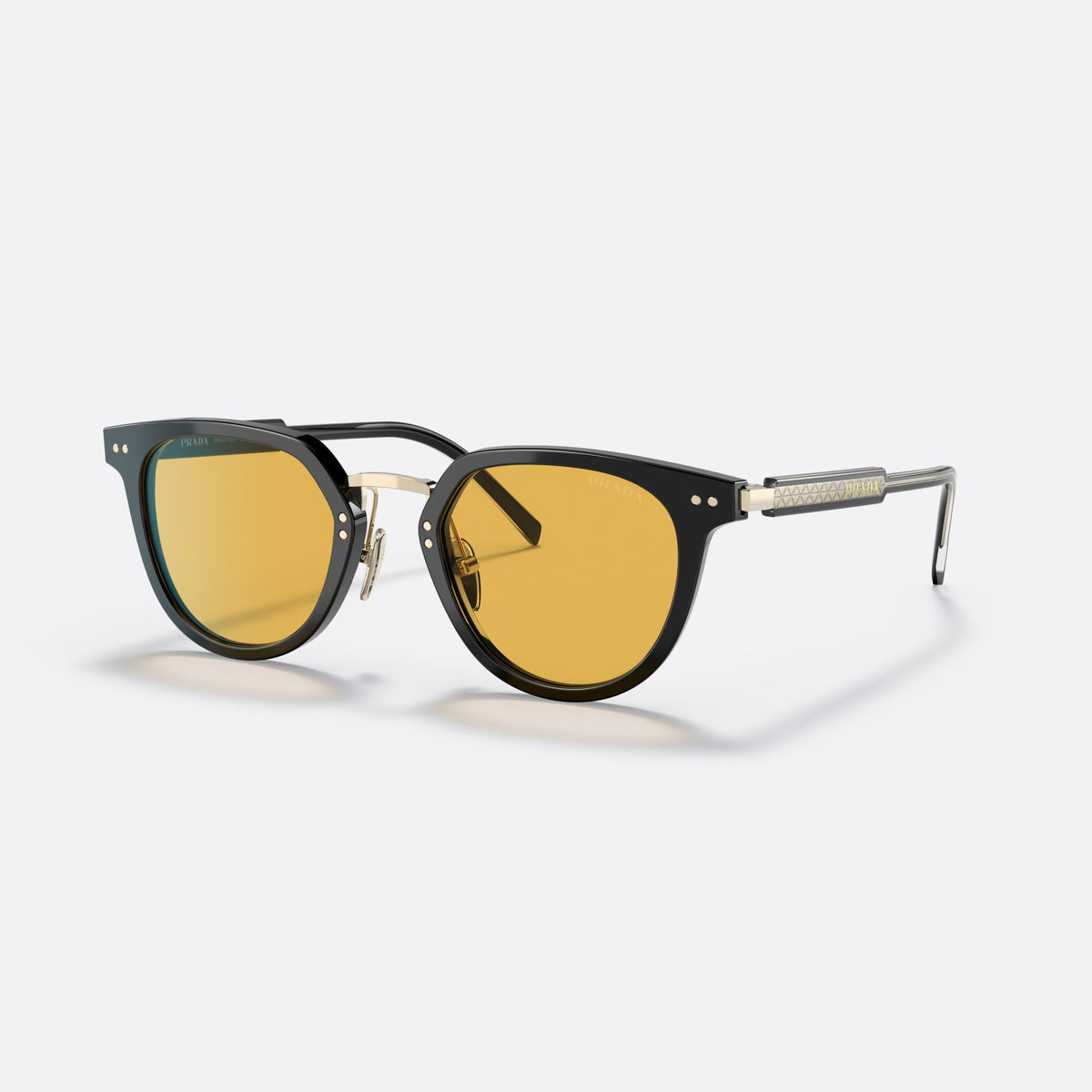 Prada PR 17YS AAV07M sunglasses, black phantos frame for men, brand lettering on temples, engraved patterned temple plaque