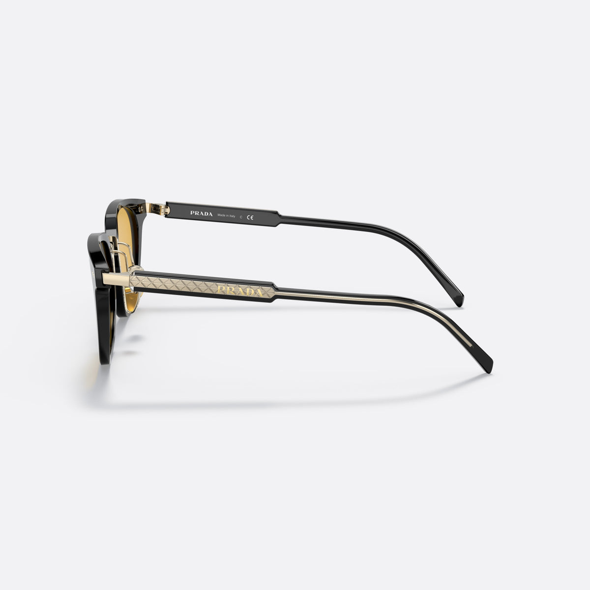 Prada PR 17YS AAV07M sunglasses, black phantos frame for men, brand lettering on temples, engraved patterned temple plaque, side view