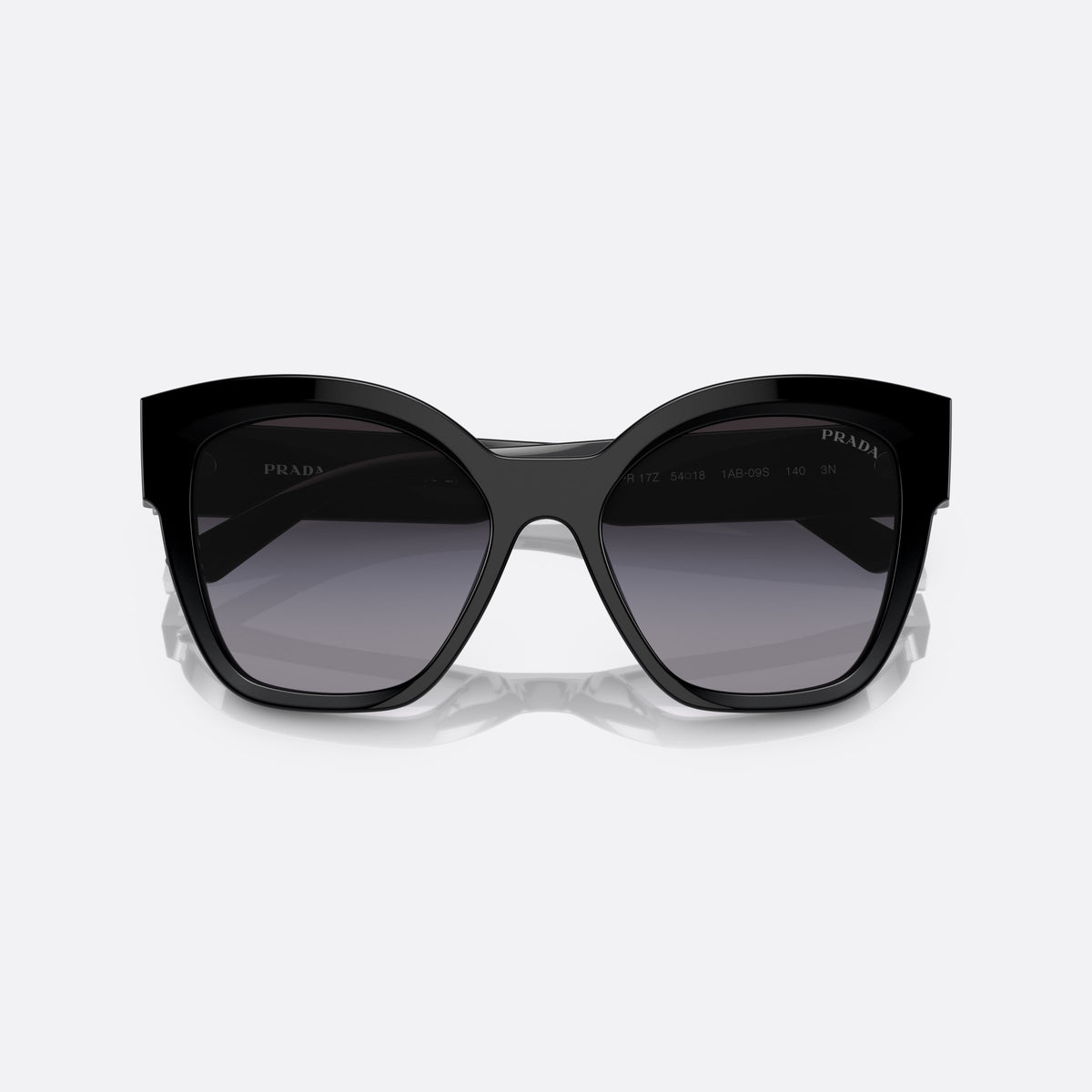 Prada PR 17ZS 1AB-09S sunglasses, black square frame for women, plain bridge, brand lettering on temple, full rim frame, folded