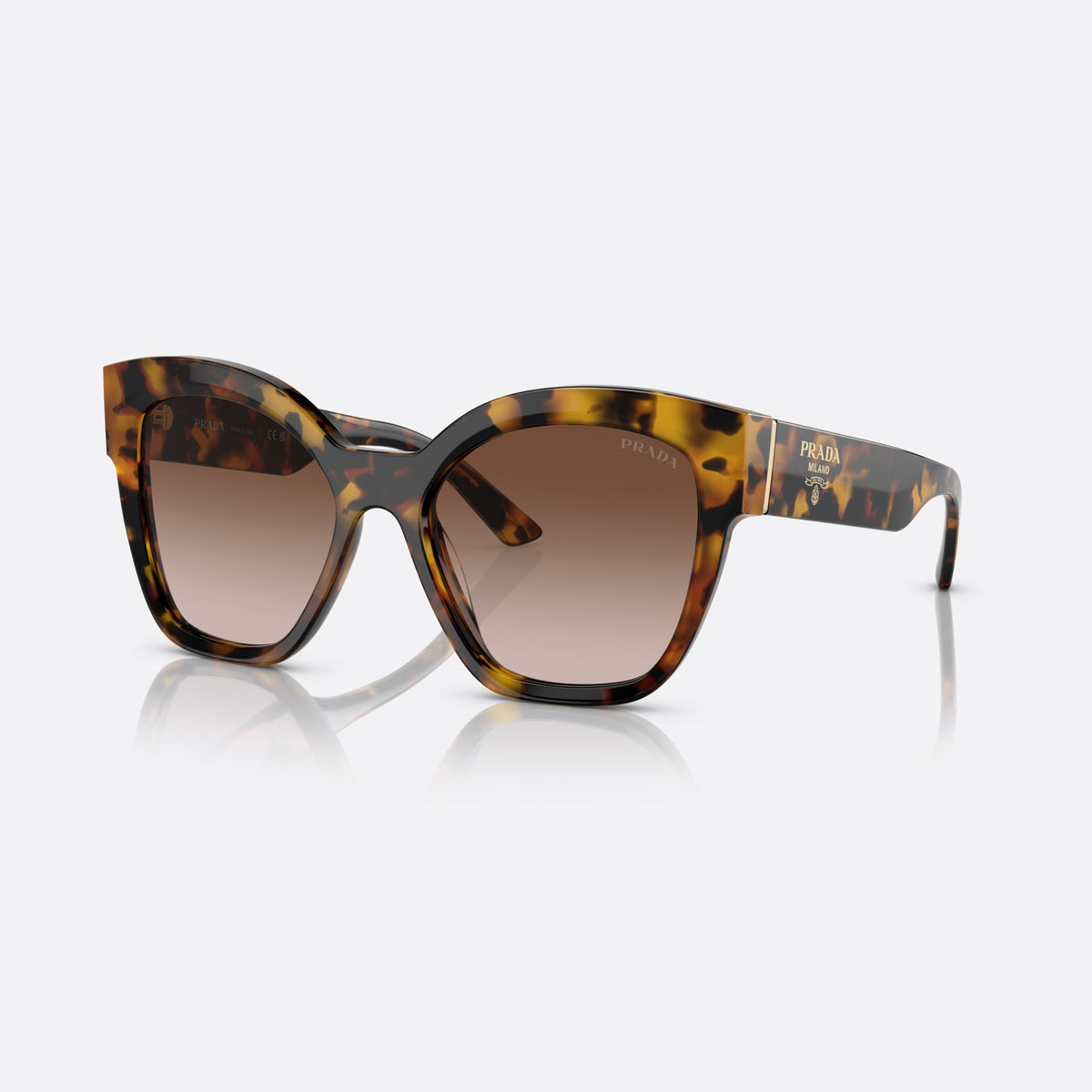 Prada PR 17ZS VAU-6S1 sunglasses, havana square frame for women, plain bridge, brand lettering on temples, full-rim frame
