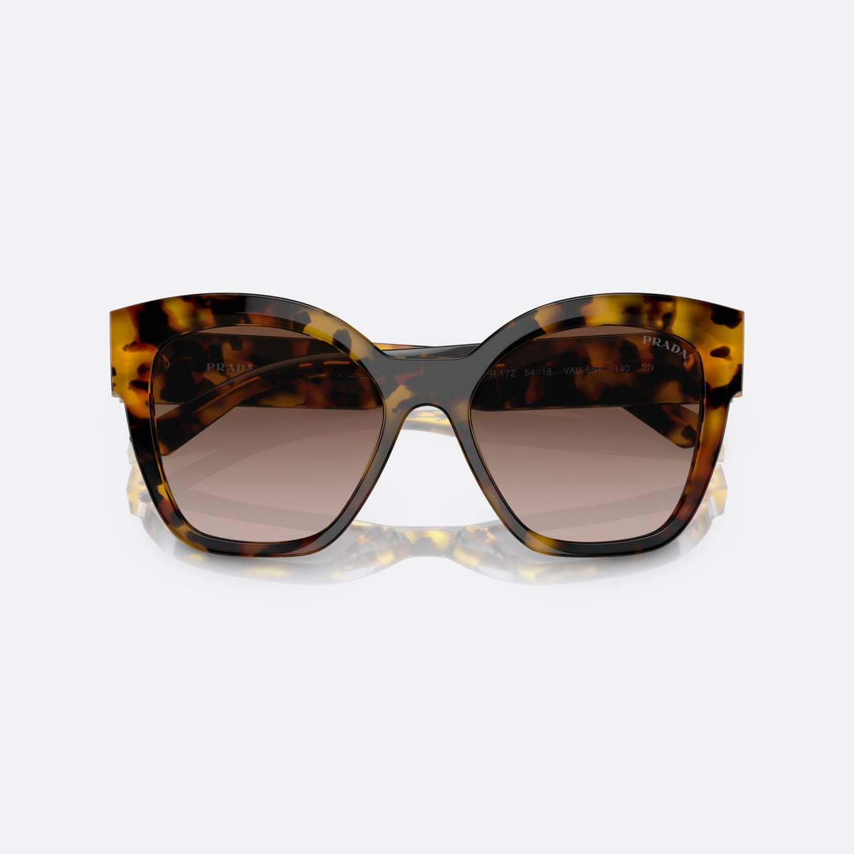 Prada PR 17ZS VAU-6S1 sunglasses, havana square frame for women, plain bridge, brand lettering on temples, full-rim frame, folded
