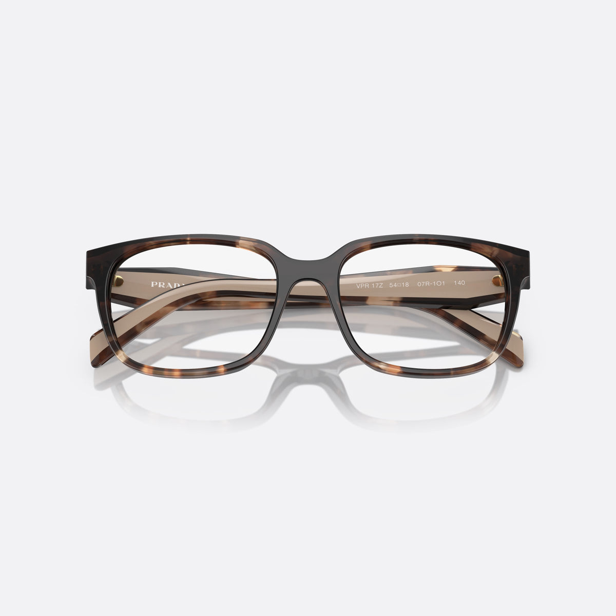 Prada PR 17ZV 07R1/O1 eyeglasses, havana squared frame for women, plain bridge, integrated into frame, full-rim acetate front, folded