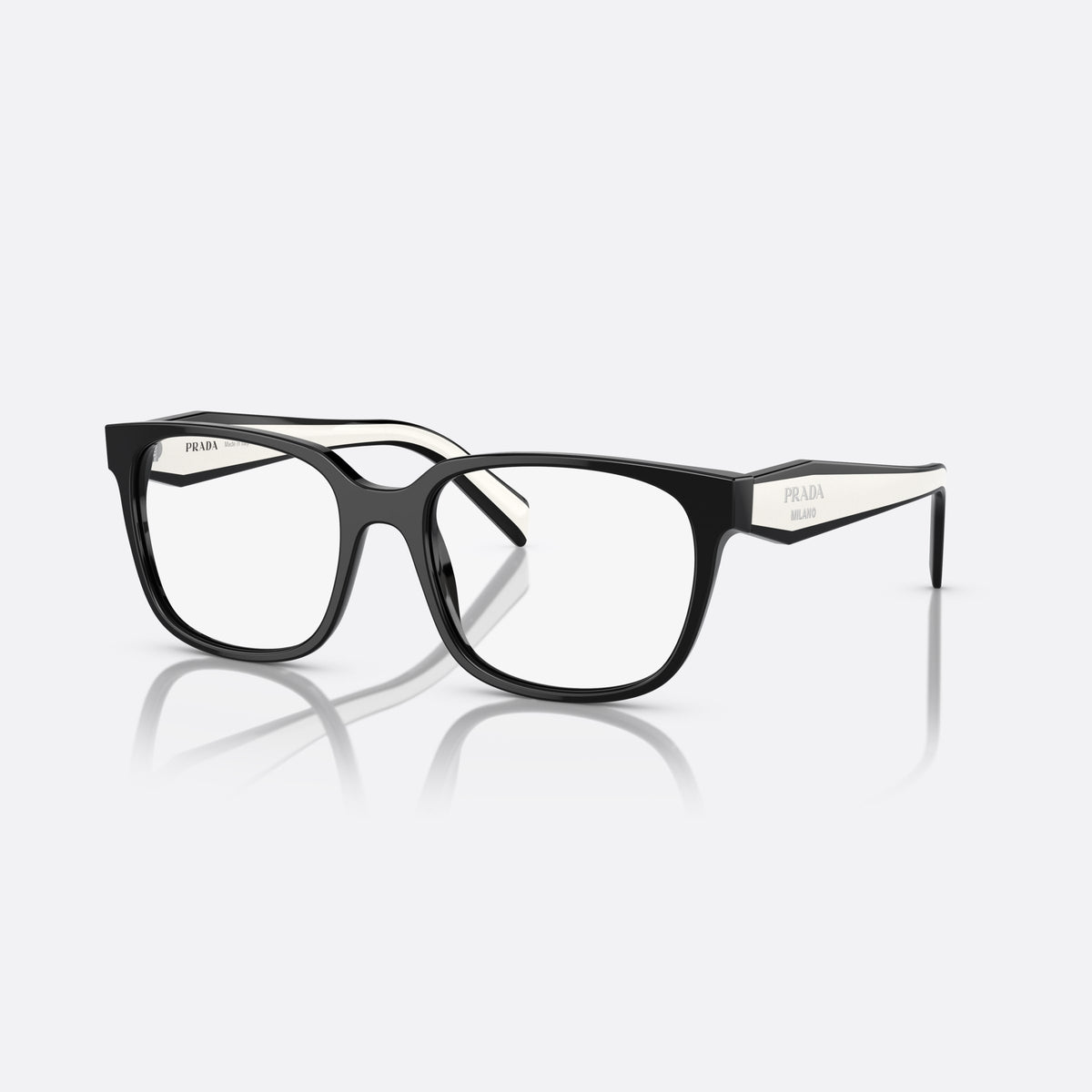 Prada PR 17ZV 1AB1/O1 eyeglasses, black rectangular frame for women, plain acetate bridge, brand lettering on temples