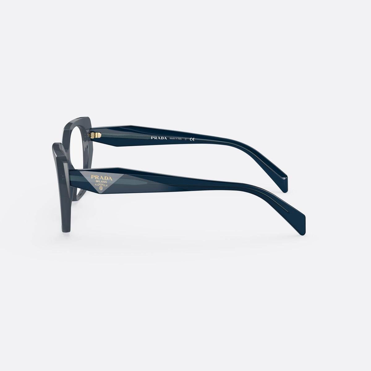 Prada PR 18WV 08Q1O1 eyeglasses, blue irregular frame for women, plain bridge, brand lettering on temples, side view