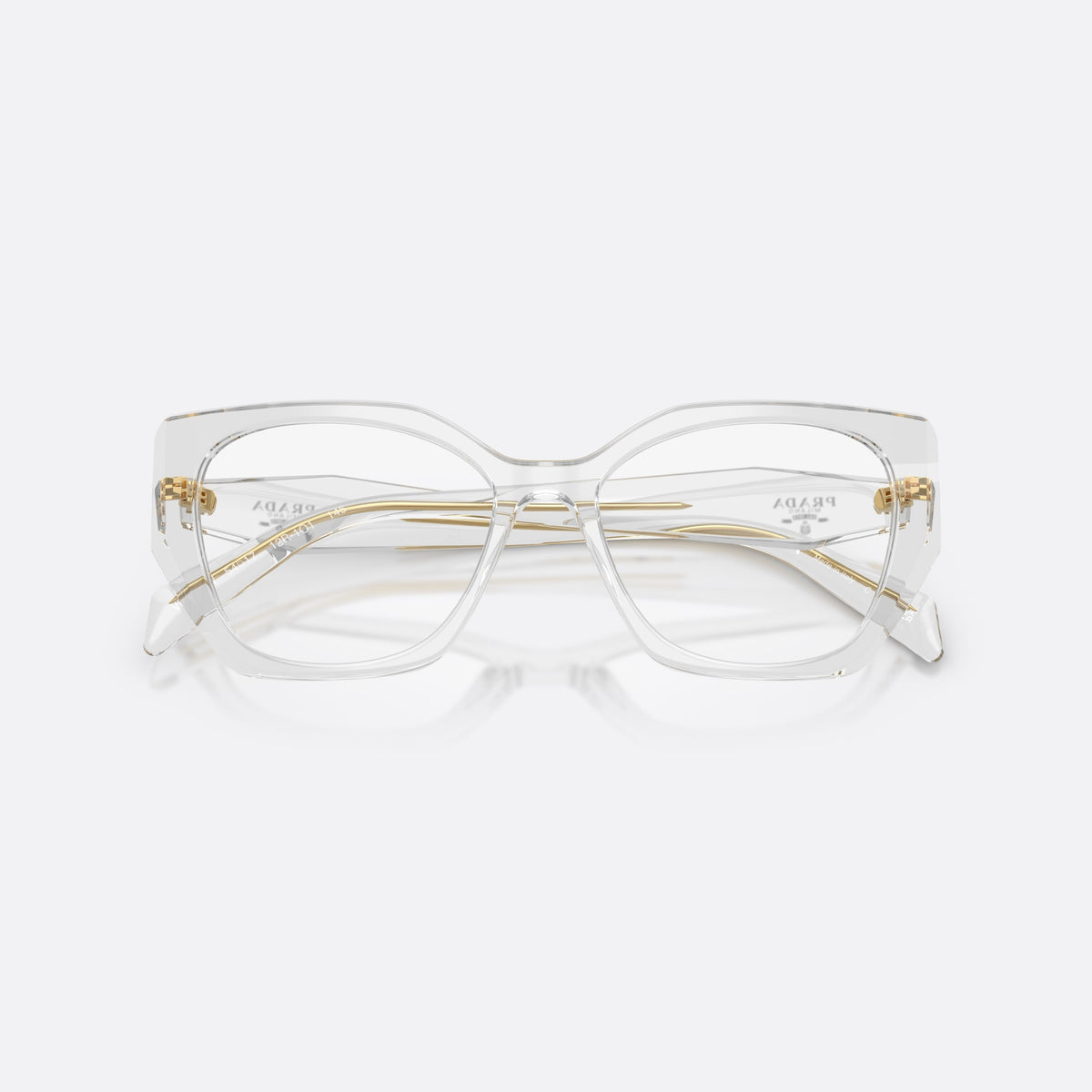 Prada PR 18WV 12R1O1 eyeglasses, grey irregular frame for women, keyhole bridge, brand lettering on the temples, folded