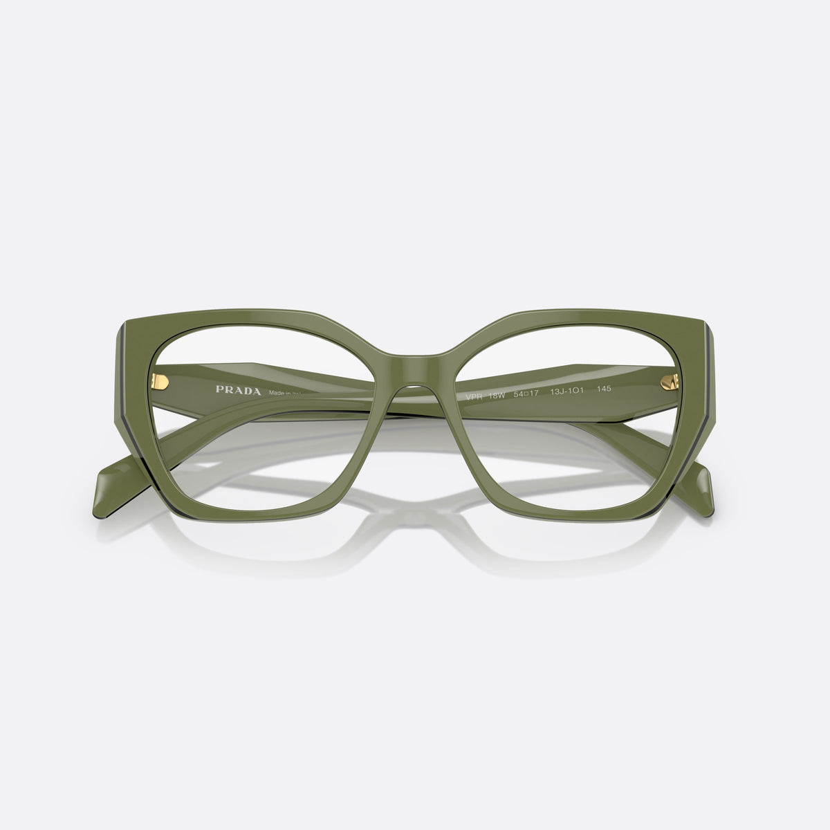 Prada PR 18WV 13J1O1 eyeglasses, green irregular frame for women, plain integrated bridge, wide tapered temples, folded