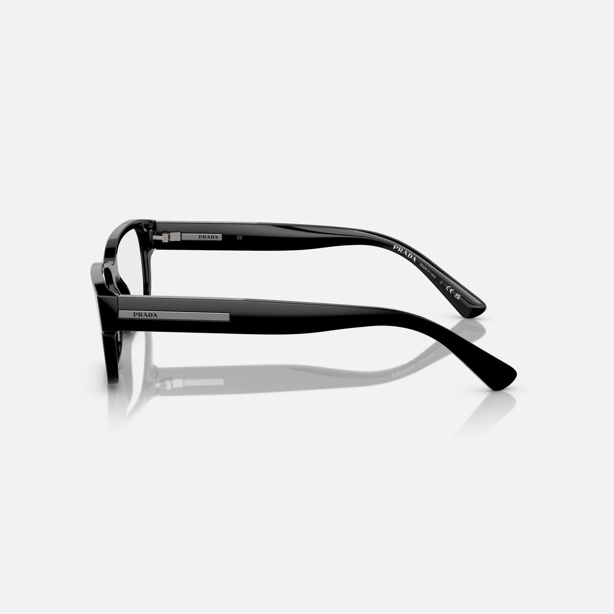 Prada PR 18ZV 1AB-1O1 eyeglasses, black geometric frame for men, plain bridge, brand lettering on temples, full-rim frame, side view