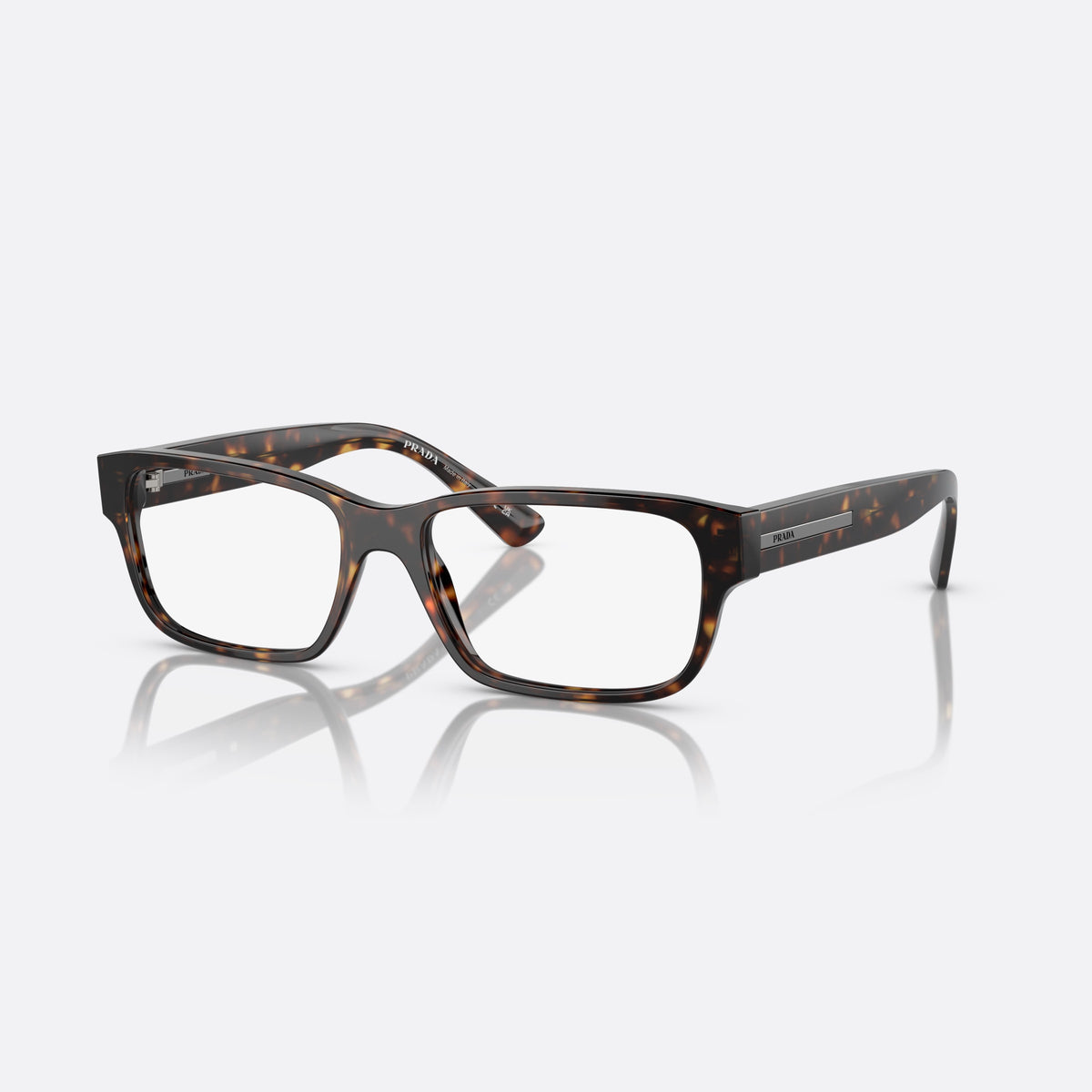 Prada PR 18ZV 2AU-1O1 eyeglasses, havana geometric frame for men, plain saddle bridge, brand lettering on temples