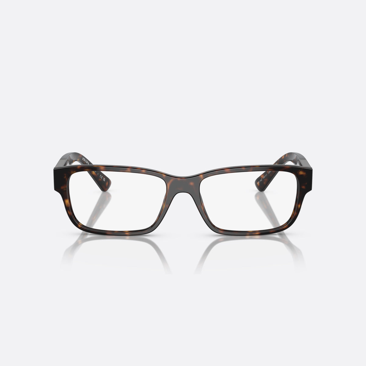 Prada PR 18ZV 2AU-1O1 eyeglasses, havana geometric frame for men, plain saddle bridge, brand lettering on temples, front view