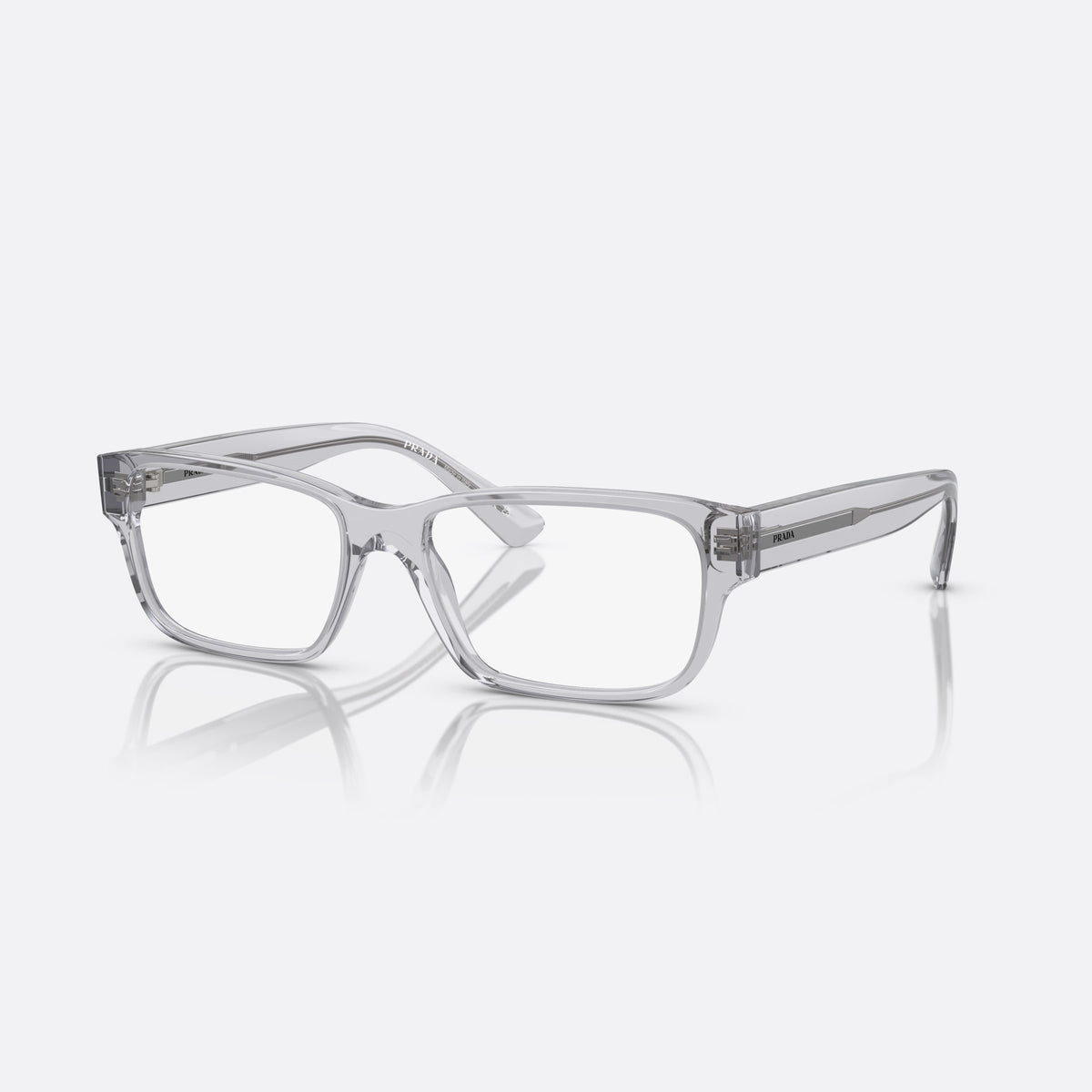 Prada PR 18ZV U43-1O1 B eyeglasses, grey geometric frame for men, plain acetate-style bridge, brand lettering on temples