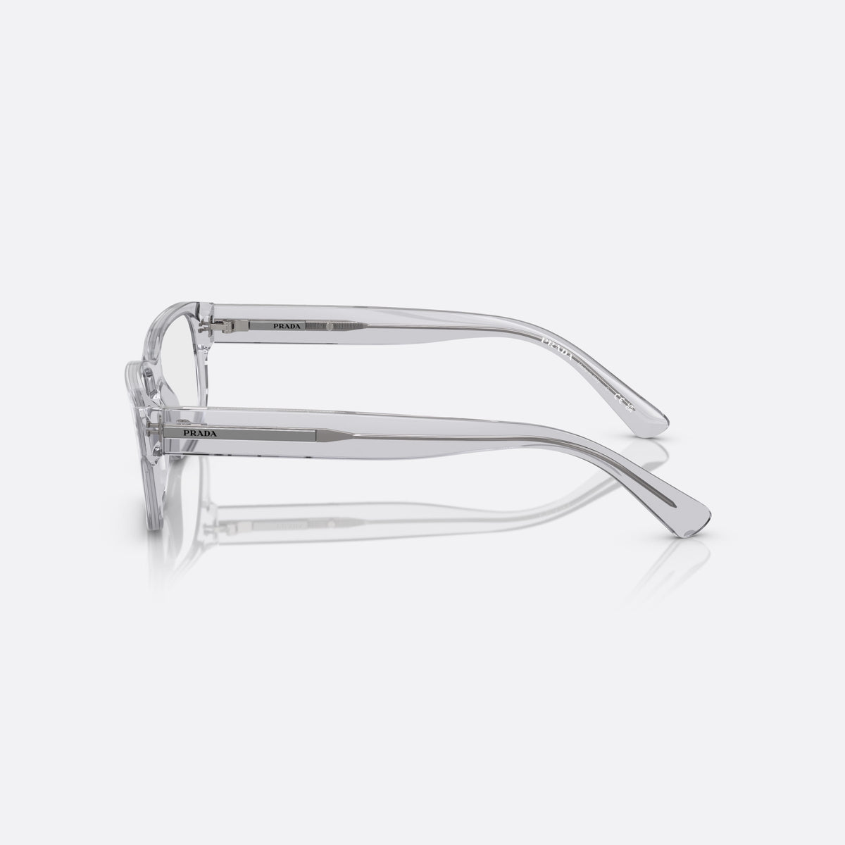 Prada PR 18ZV U43-1O1 B eyeglasses, grey geometric frame for men, plain acetate-style bridge, brand lettering on temples, side view