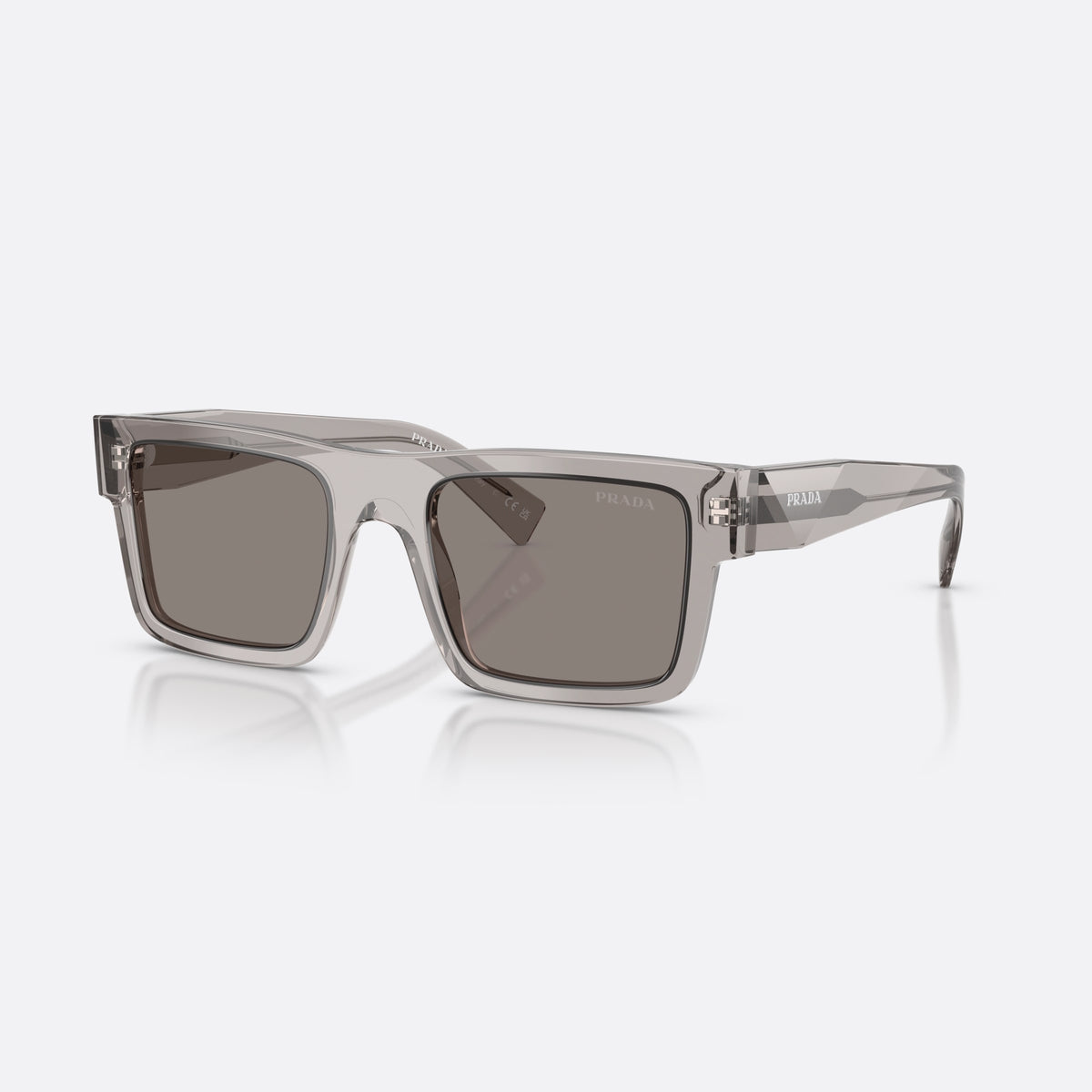 Prada PR 19WS 10J80Q sunglasses, grey rectangle frame for men, plain bridge, brand logo on temple, full-rim frame