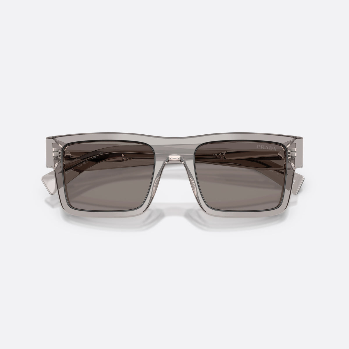 Prada PR 19WS 10J80Q sunglasses, grey rectangle frame for men, plain bridge, brand logo on temple, full-rim frame, folded