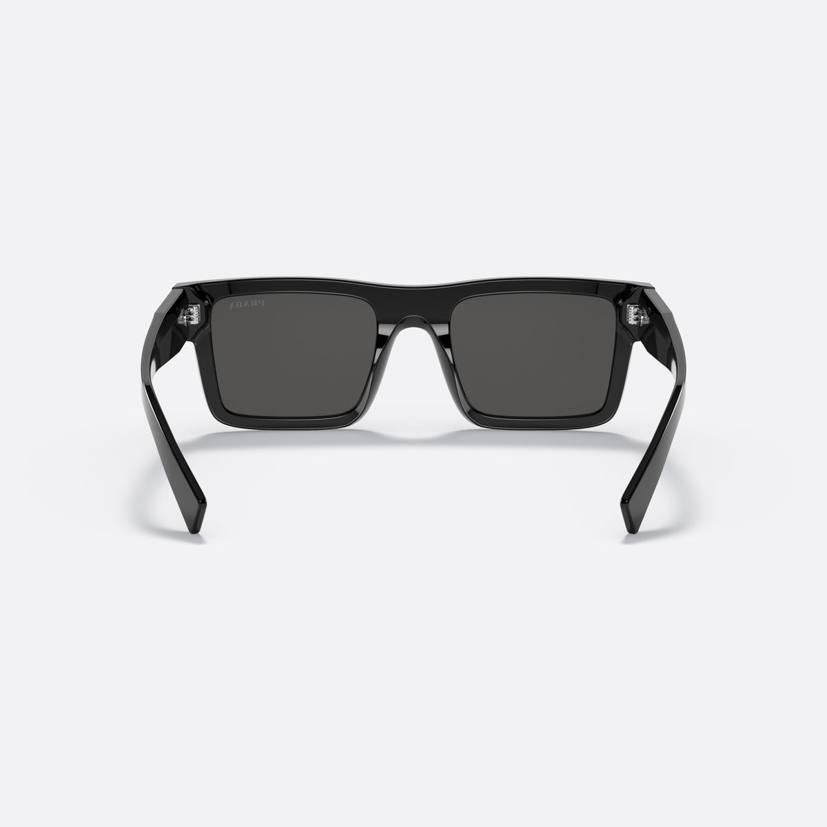 Prada PR 19WS 1AB-5S0 sunglasses, black rectangle frame for men, plain bridge with wide top, wide tapered temples, back view