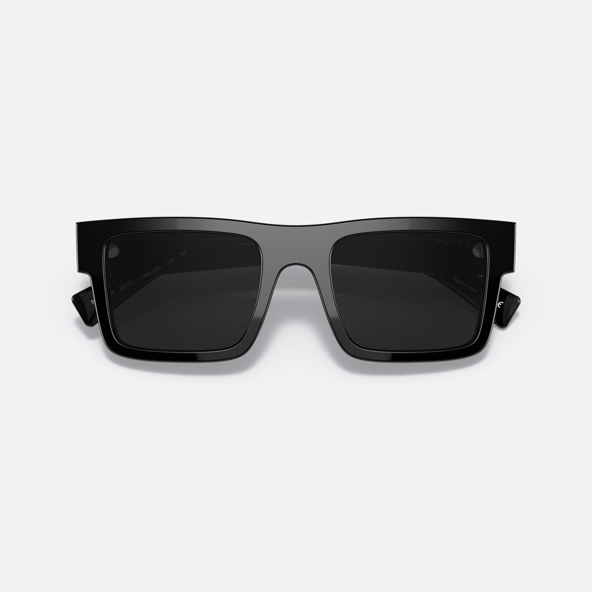 Prada PR 19WS 1AB-5S0 sunglasses, black rectangle frame for men, plain bridge with wide top, wide tapered temples, folded