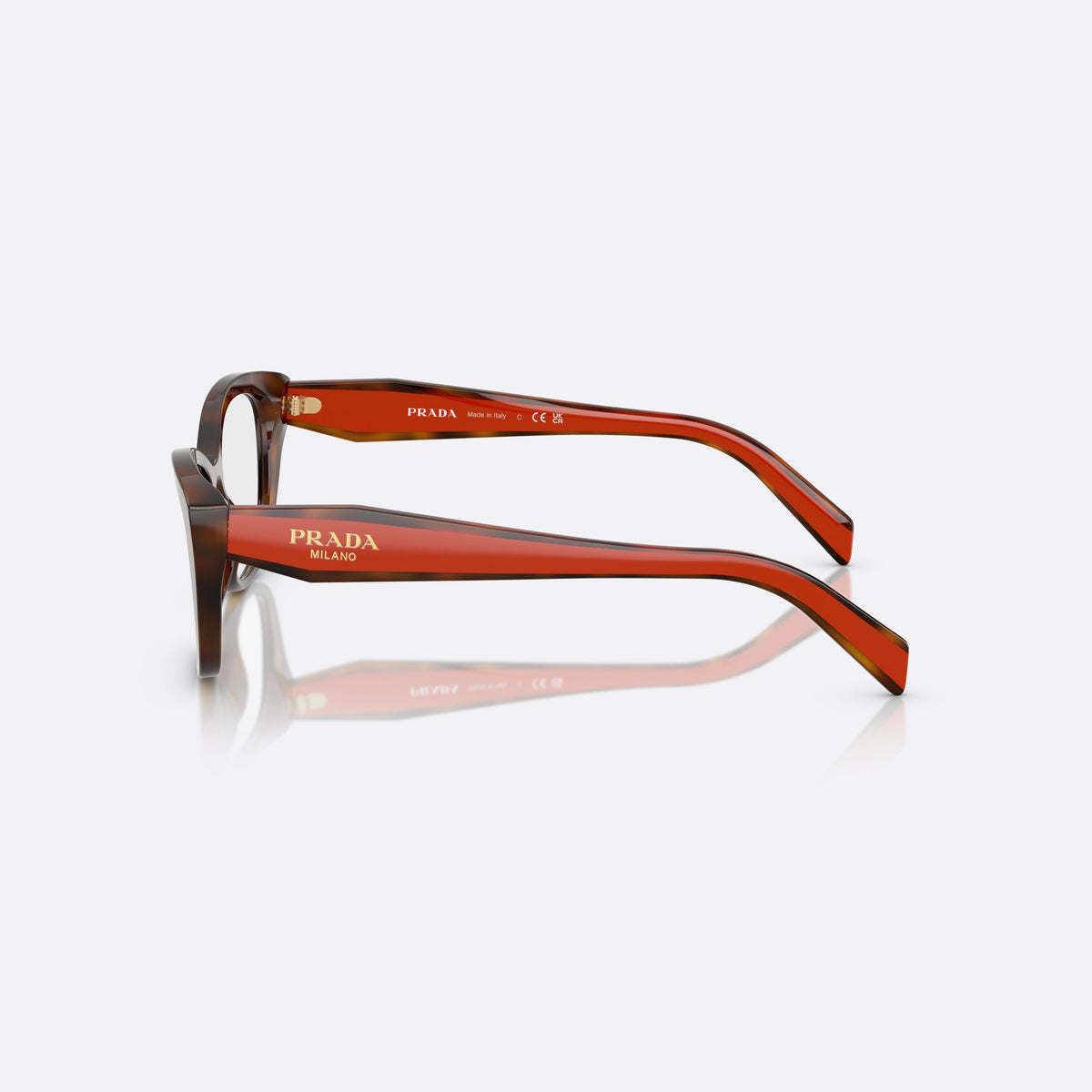 Prada PR 19WV 01K1O1 eyeglasses, havana cat eye frame for women, plain acetate bridge, brand lettering on temples, side view