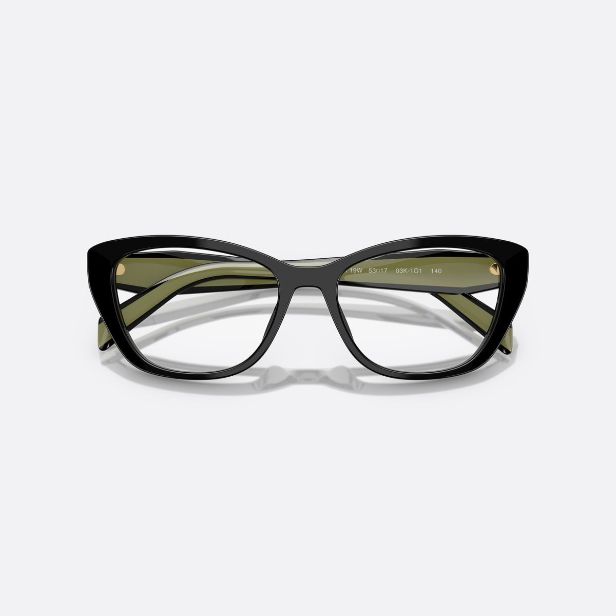 Rame ochelari de vedere Prada PR 19WV 03K1O1, cat eye negru, pentru femei, punte simplă integrată, literele brandului pe brațe, cu brațele pliate