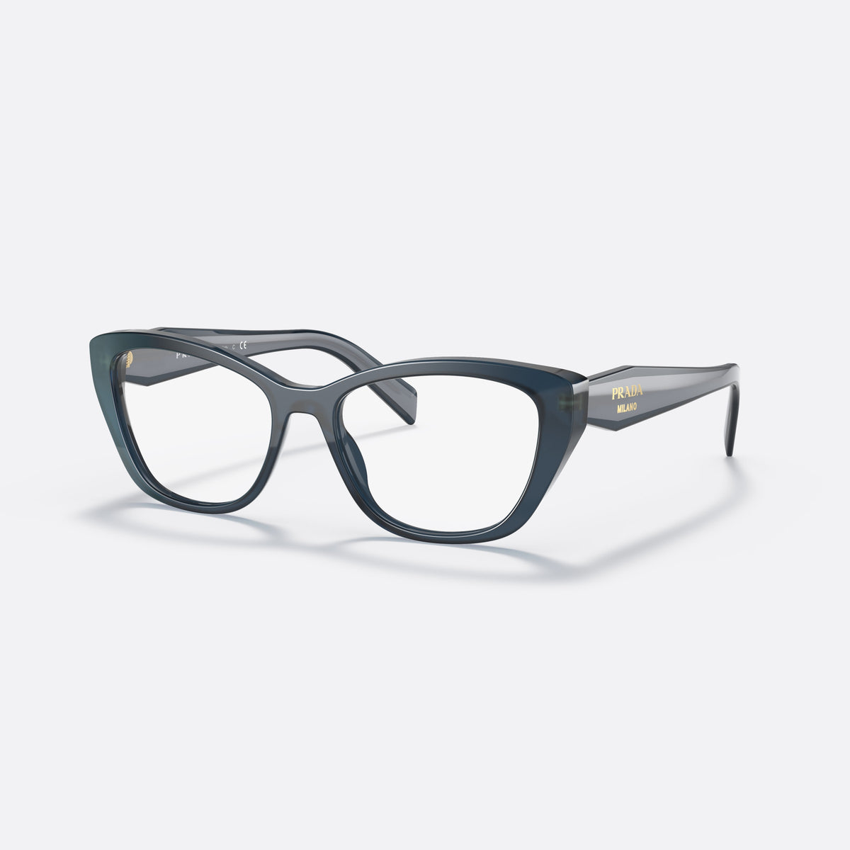 Prada PR 19WV 07Q-1O1 eyeglasses, blue cat eye frame for women, plain integrated bridge, brand lettering on temples