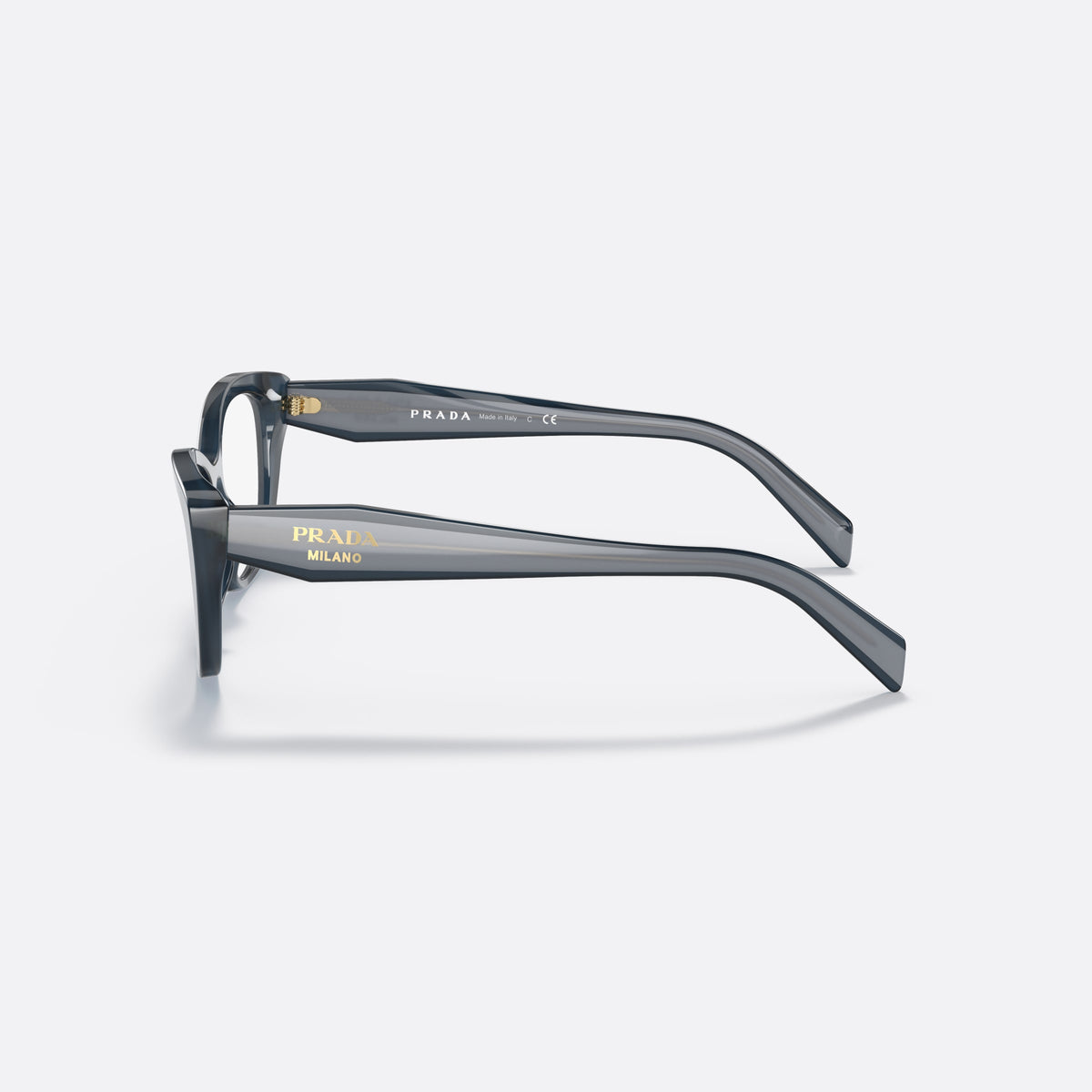 Prada PR 19WV 07Q-1O1 eyeglasses, blue cat eye frame for women, plain integrated bridge, brand lettering on temples