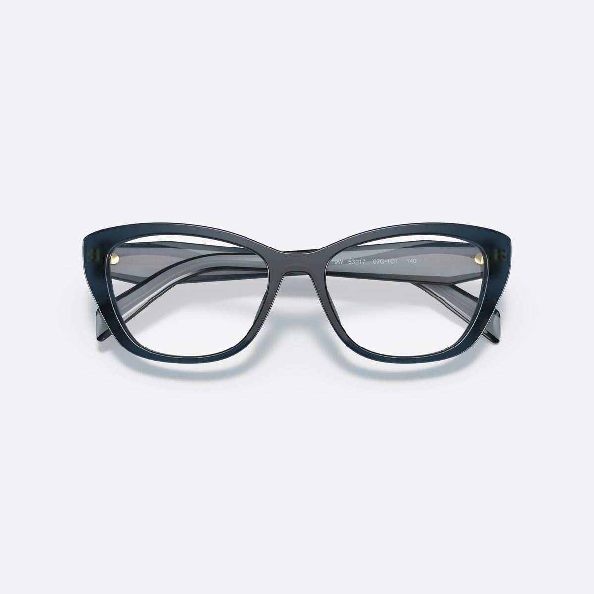Prada PR 19WV 07Q-1O1 eyeglasses, blue cat eye frame for women, plain integrated bridge, brand lettering on temples