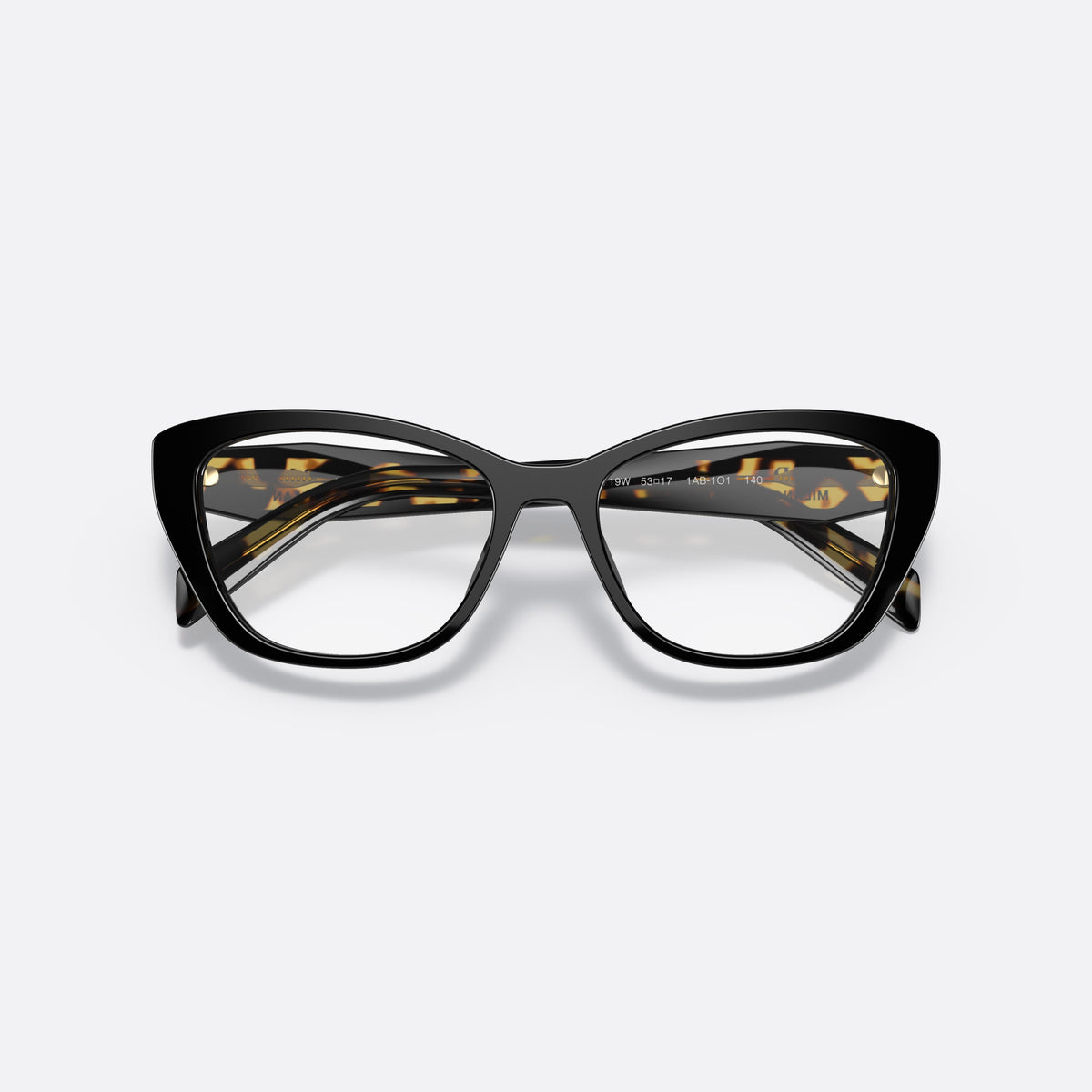 Rame ochelari de vedere Prada PR 19WV 1AB1O1, cat eye negru, pentru femei, punte simplă, literele brandului pe brațe, balamale aurii