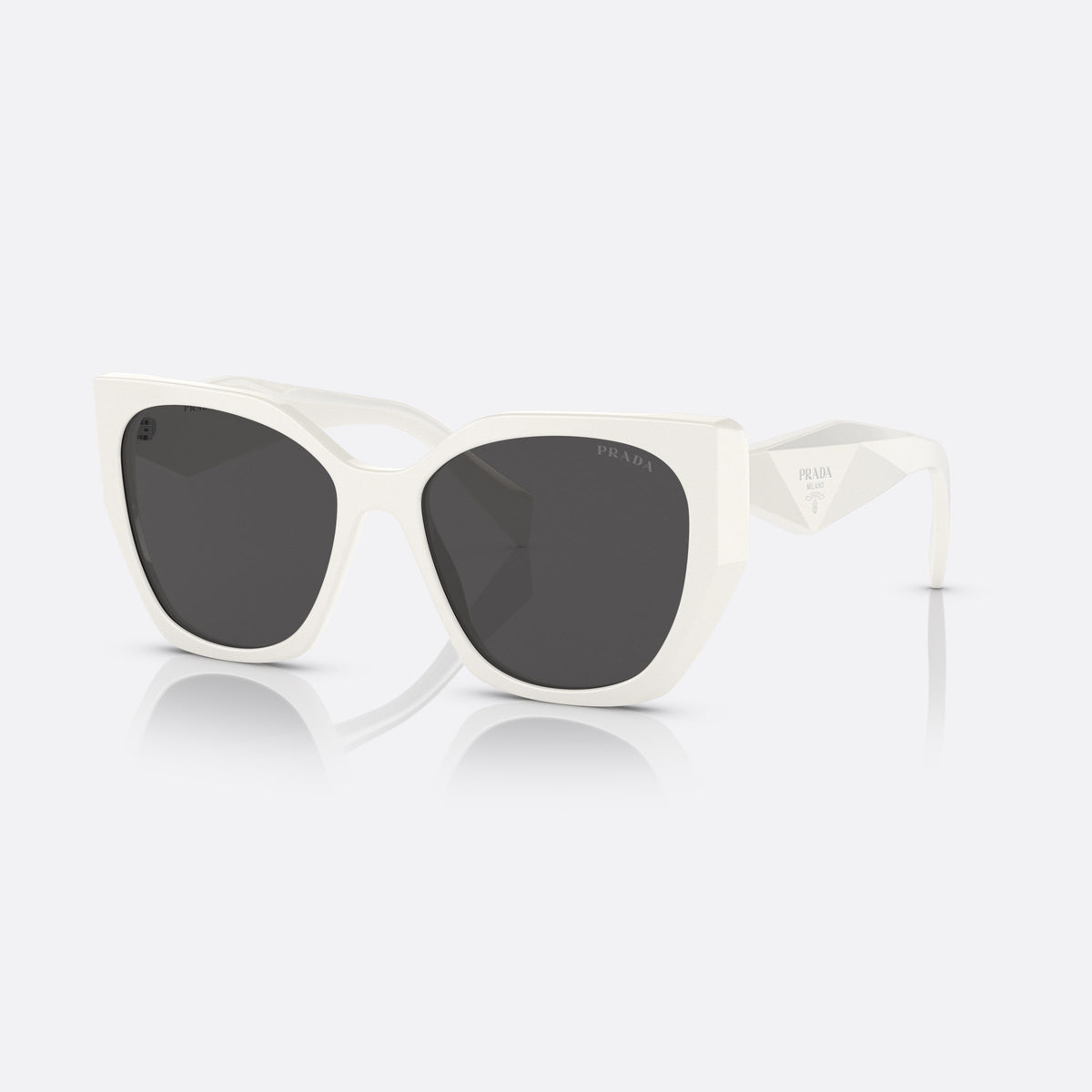 Prada PR 19ZS 1425/S0 sunglasses, white geometric frame for women, plain bridge, brand lettering on temples, full rim frame